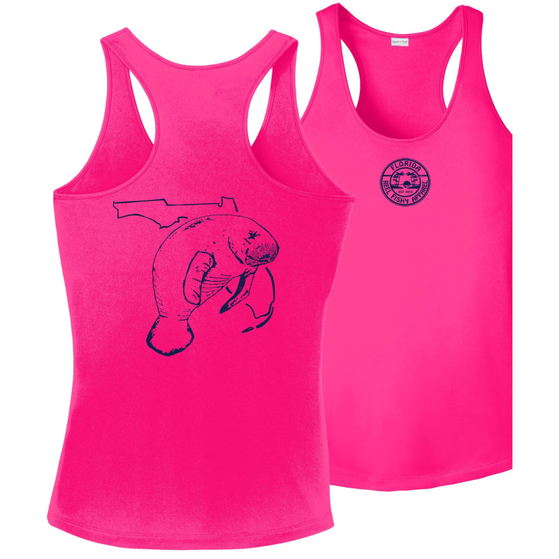 Women's Pink Racerback Tank with Florida Manatee Logo by Reel Fishy Apparel