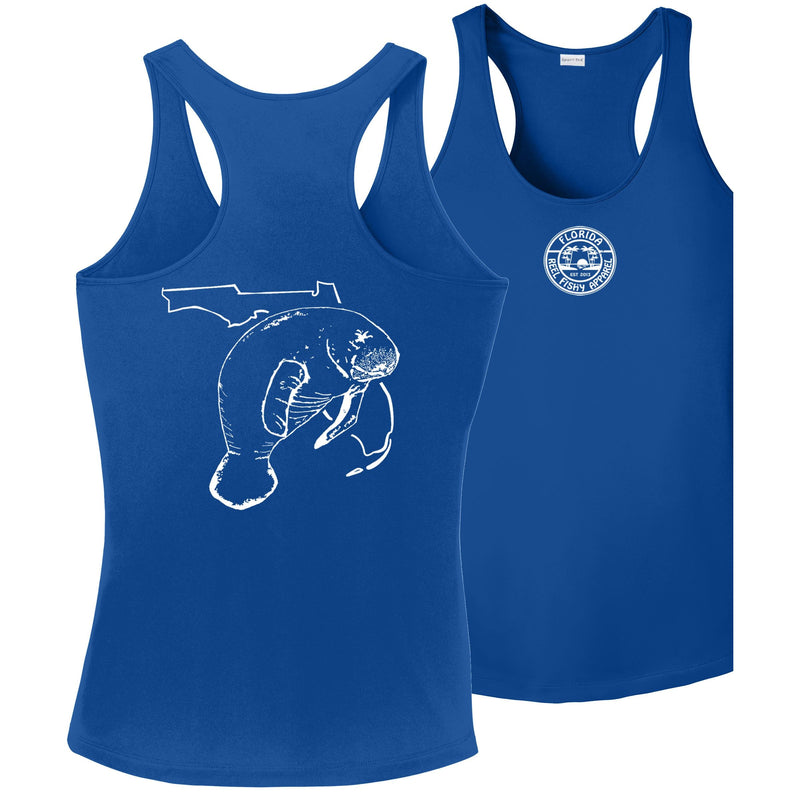 Women's Royal Blue Racerback Tank with Florida Manatee Logo by Reel Fishy Apparel