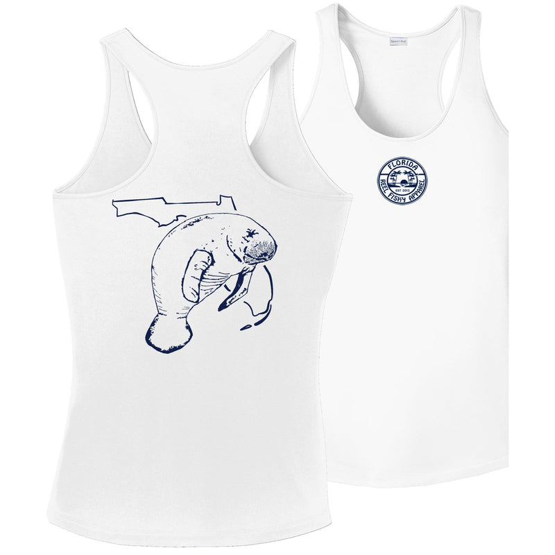 Women's White Racerback Tank with Florida Manatee Logo by Reel Fishy Apparel