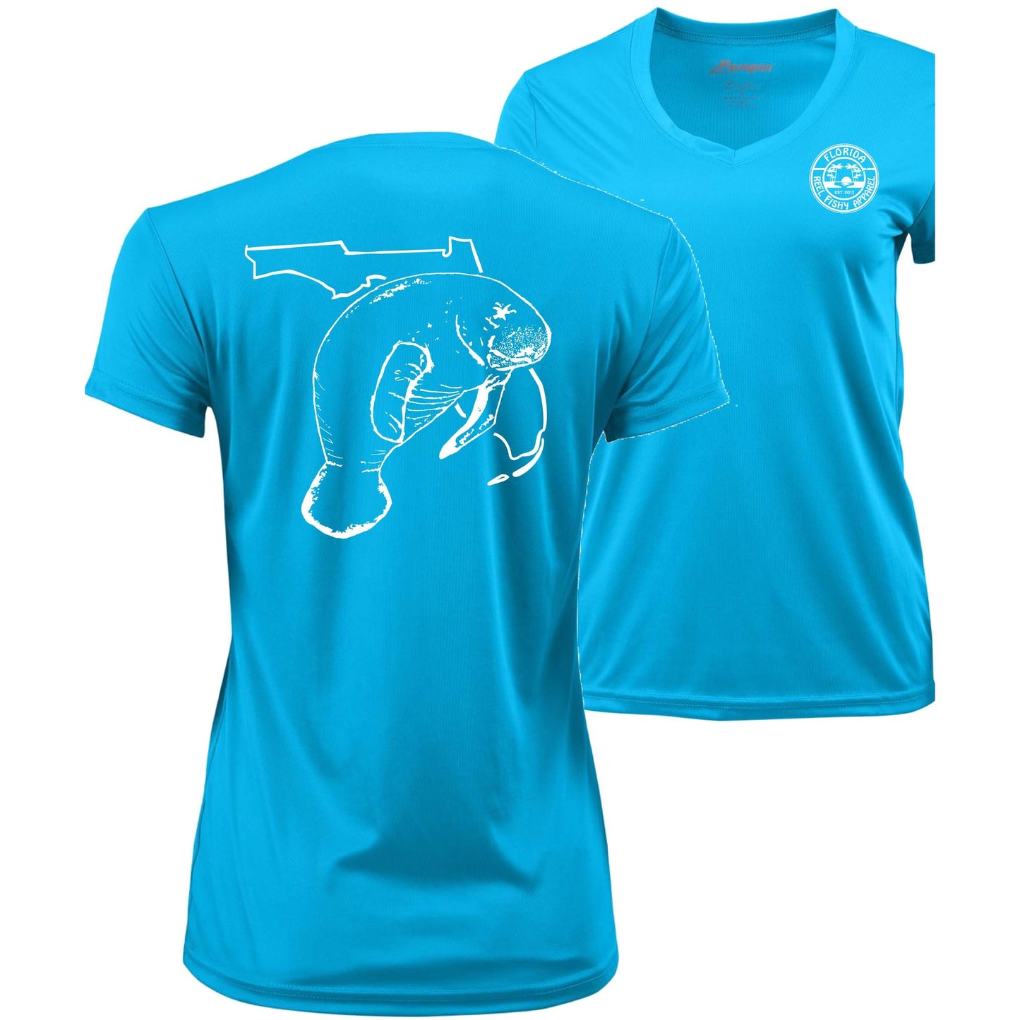 Women’s turquoise short sleeve performance sun shirt, V-neck, Florida Manatee design on back, and Reel Fishy logo on front