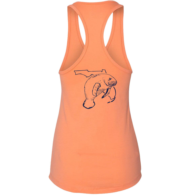 Women's light orange racerback tank top with Florida manatee design, Reel Fishy Florida logo on front, lightweight cotton blend fabric