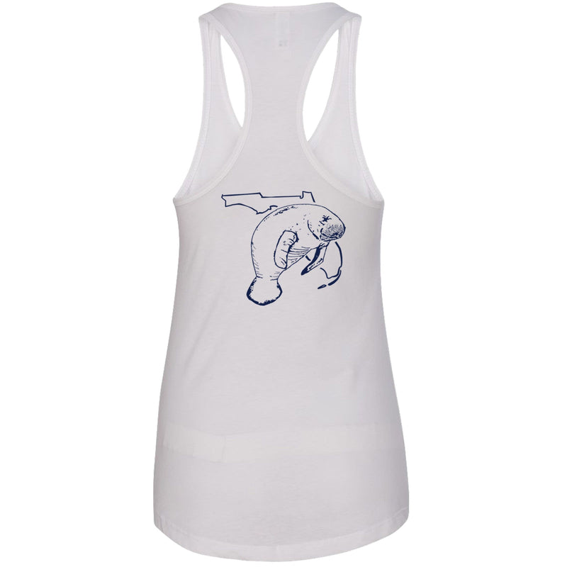 Women's white racerback tank top with Florida manatee design, Reel Fishy Florida logo on front, lightweight cotton blend fabric