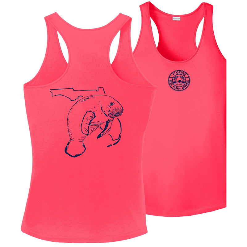 Women's Coral Racerback Tank with Florida Manatee Logo by Reel Fishy Apparel