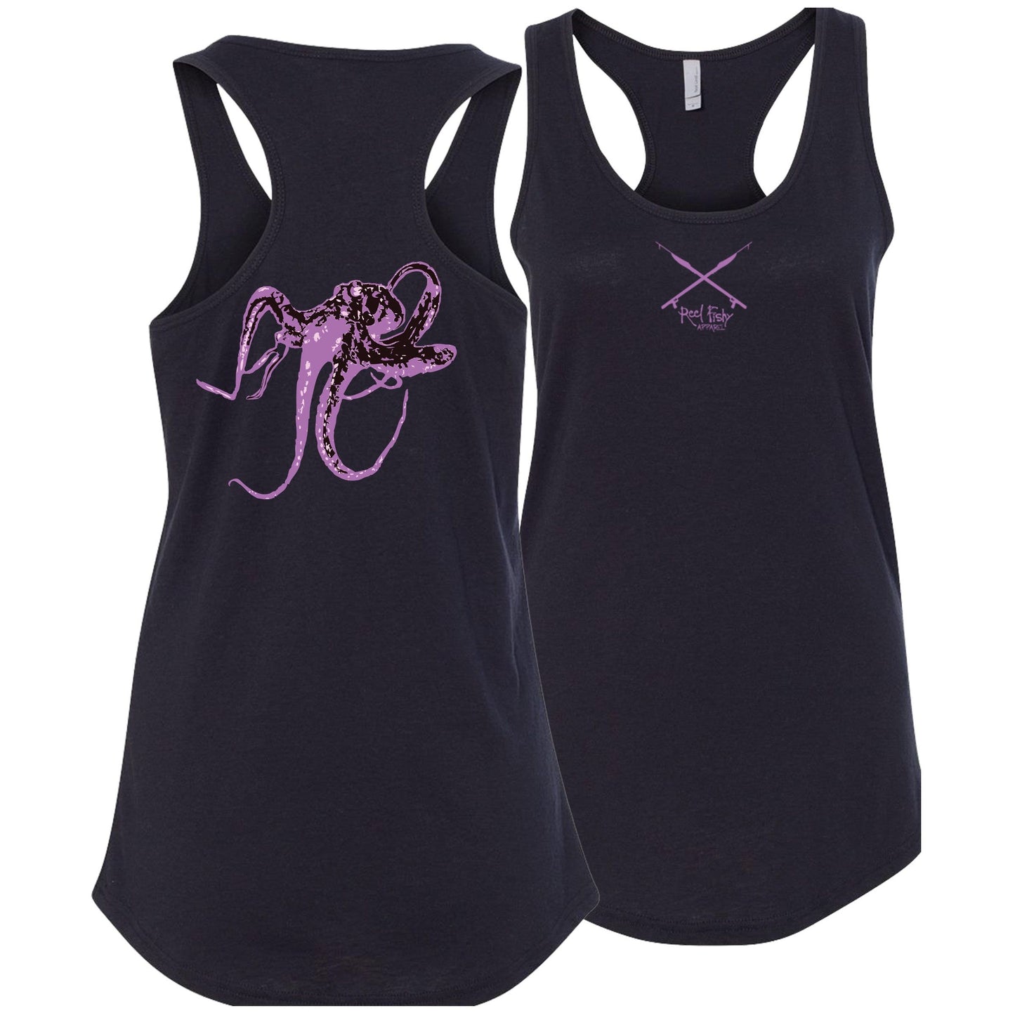Women’s racerback tank top in navy with purple octopus design on back, Reel Fishy Spears on front