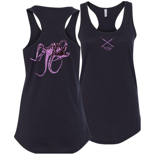 Women’s racerback tank top in navy with purple octopus design on back, Reel Fishy Spears on front