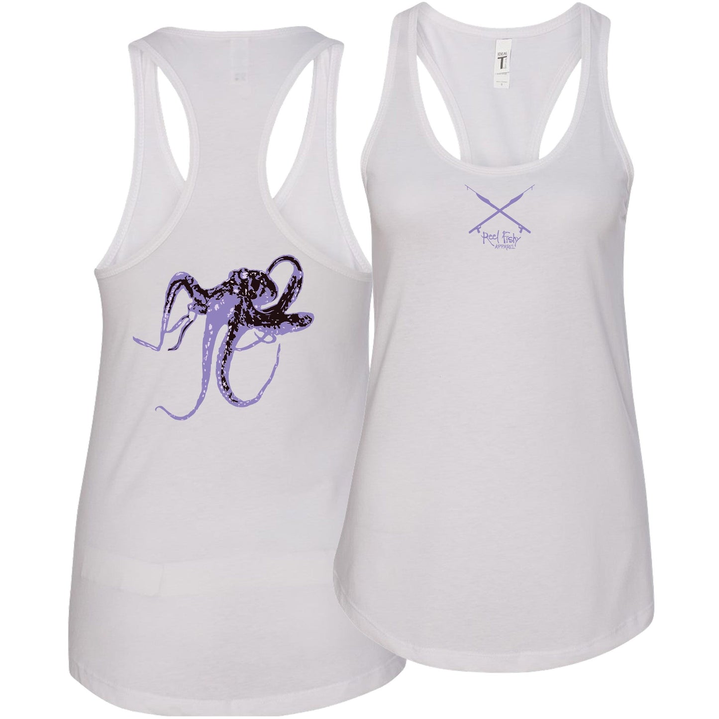 Women’s racerback tank top in white with purple octopus design on back, Reel Fishy Spears on front
