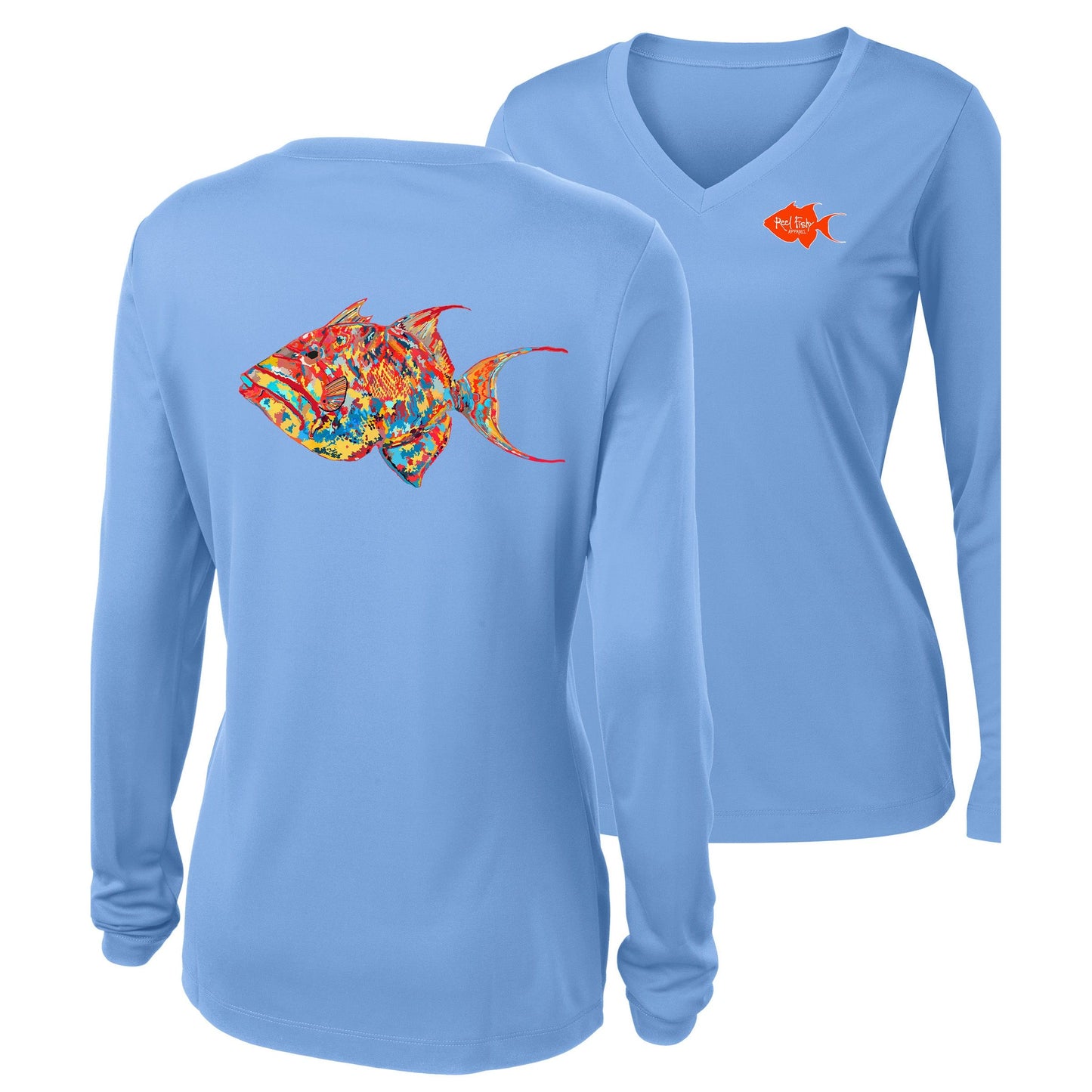 Women’s light blue V-neck long sleeve performance shirt, colorful triggerfish design on back, Reel Fishy logo on front.