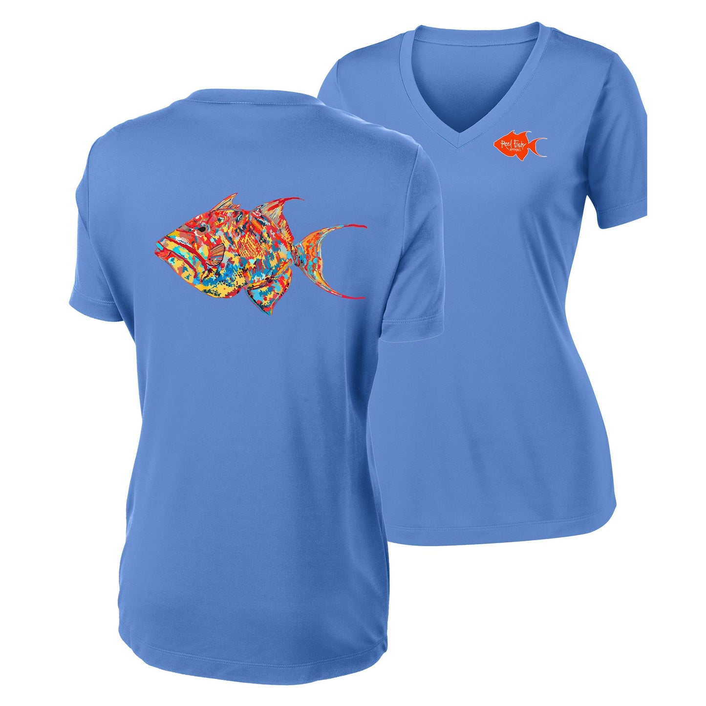 Women’s blue V-neck short sleeve performance shirt, colorful triggerfish design on back, Reel Fishy logo on front.