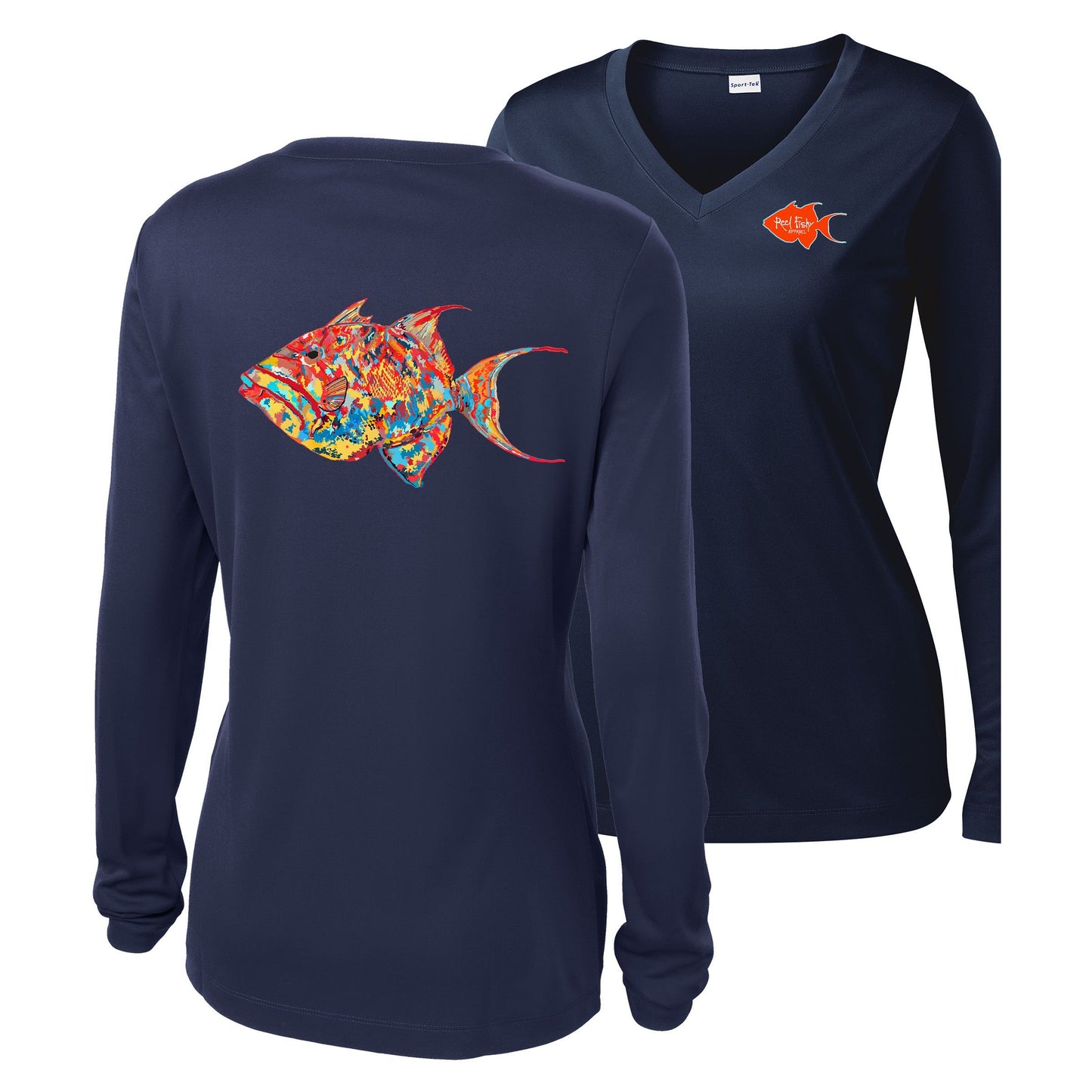 Women’s navy V-neck long sleeve performance shirt, colorful triggerfish design on back, Reel Fishy logo on front.