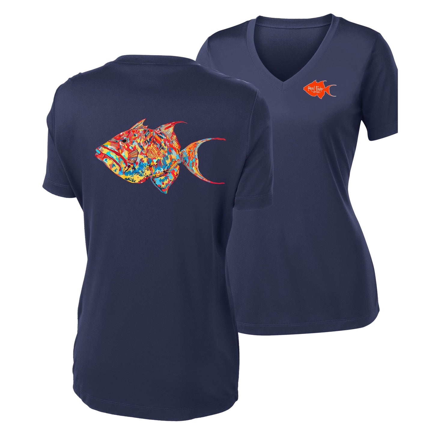 Women’s navy V-neck short sleeve performance shirt, colorful triggerfish design on back, Reel Fishy logo on front.