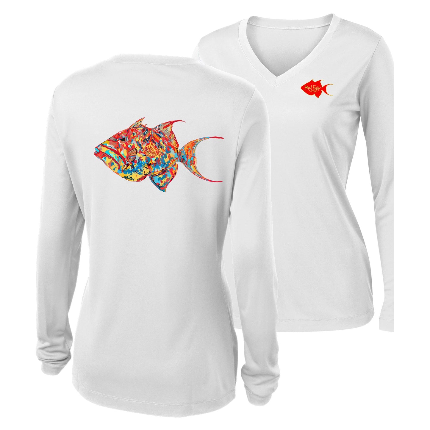 Women’s white V-neck long sleeve performance shirt, colorful triggerfish design on back, Reel Fishy logo on front.