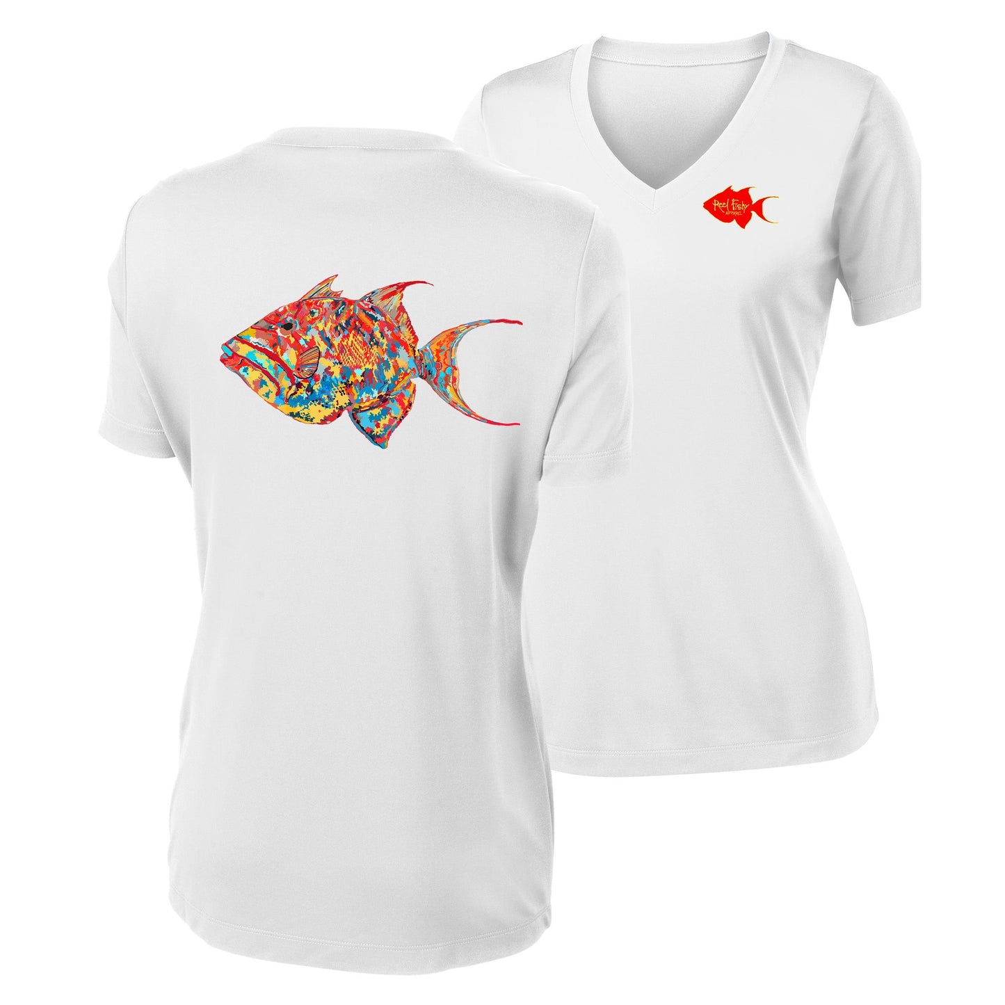 Women’s white V-neck short sleeve performance shirt, colorful triggerfish design on back, Reel Fishy logo on front.