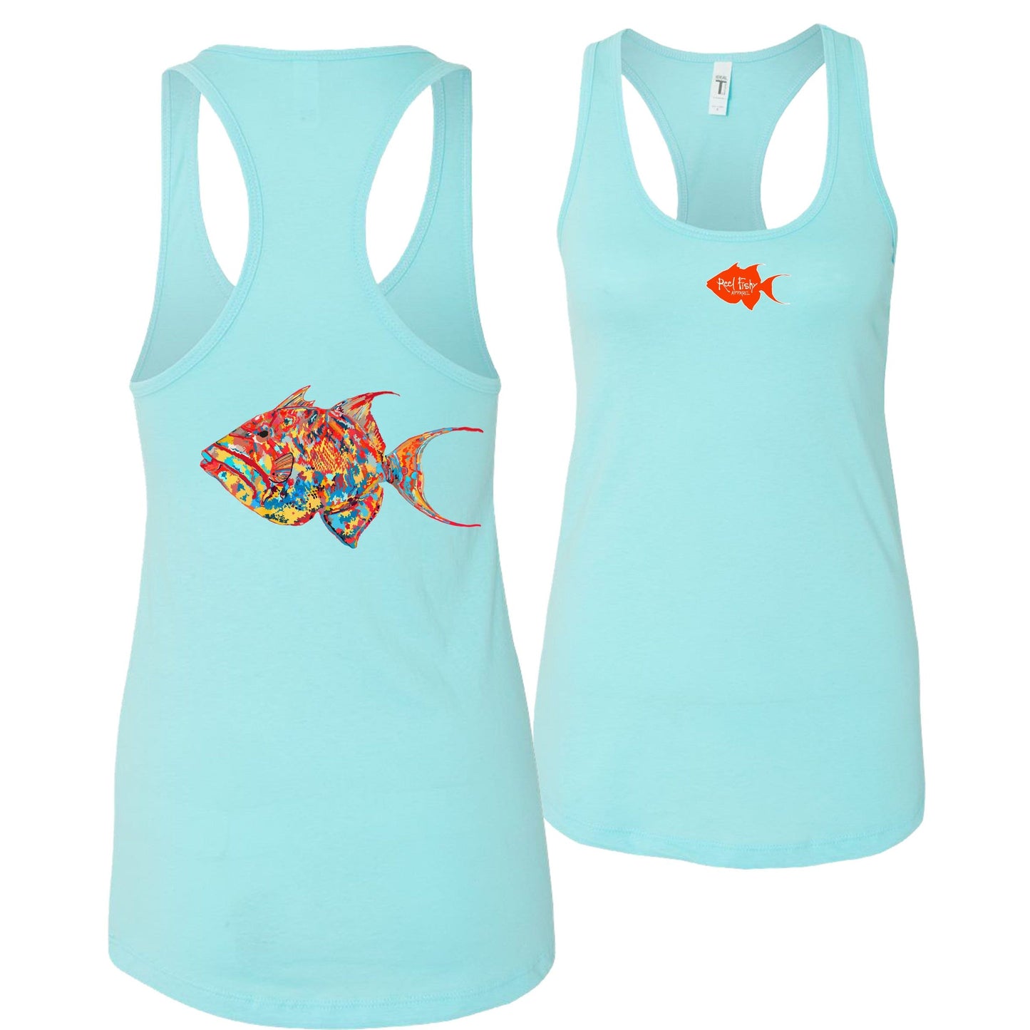 Women's aqua blue racerback tank top with colorful triggerfish design, Reel Fishy triggerfish logo on front, lightweight cotton blend fabric