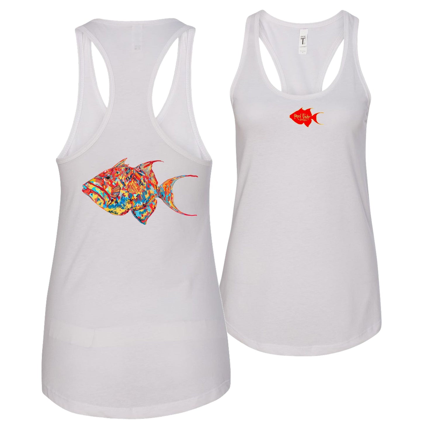 Women's white racerback tank top with colorful triggerfish design, Reel Fishy triggerfish logo on front, lightweight cotton blend fabric
