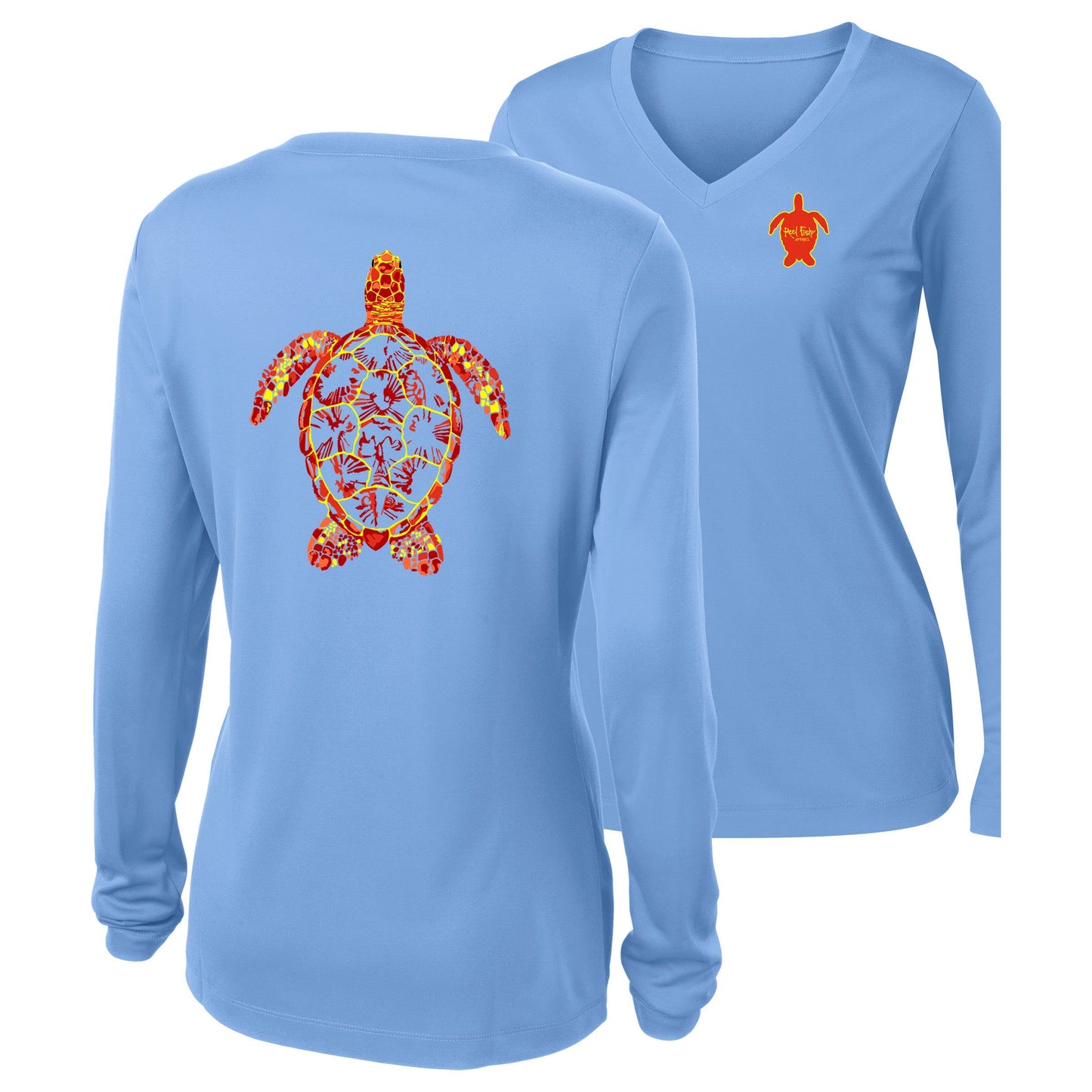 Women’s light blue long sleeve performance shirt, V-neck, colorful turtle design on back, and Reel Fishy turtle logo on front