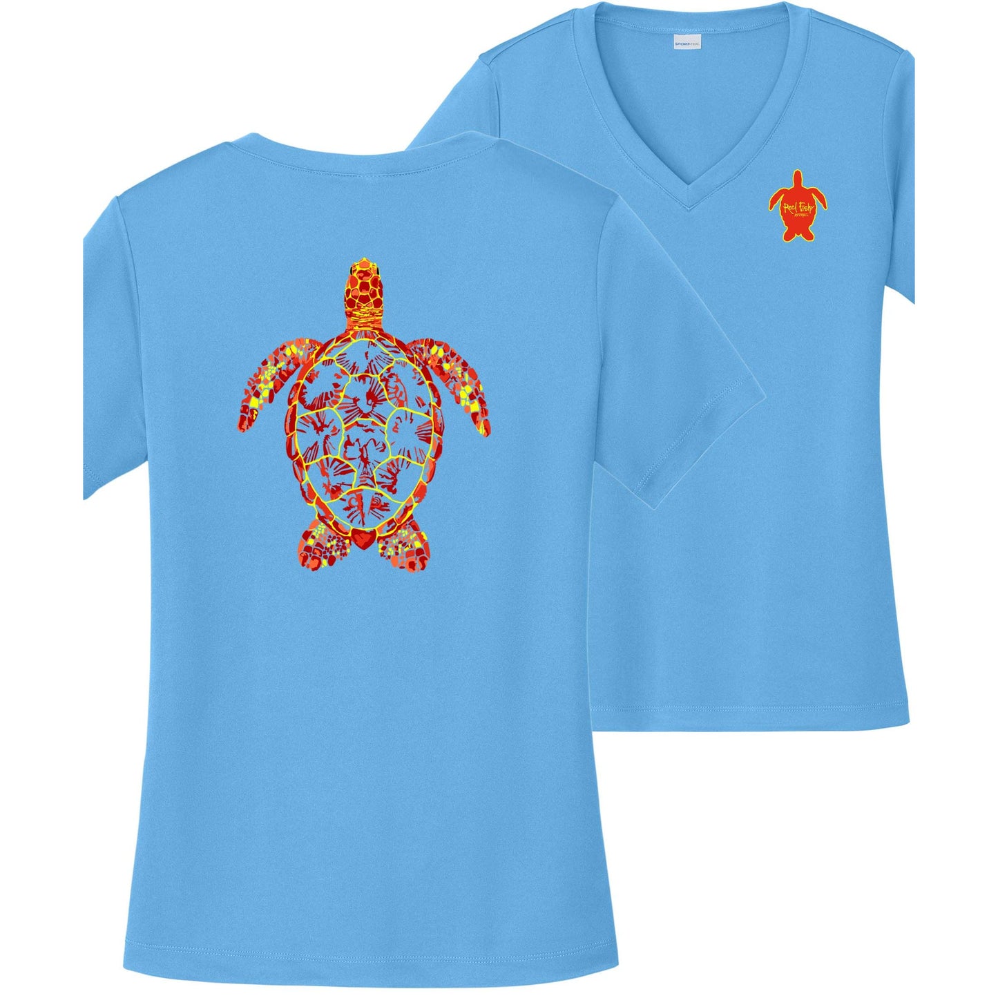 Women’s light blue short sleeve performance shirt, V-neck, colorful turtle design on back, and Reel Fishy turtle logo on front