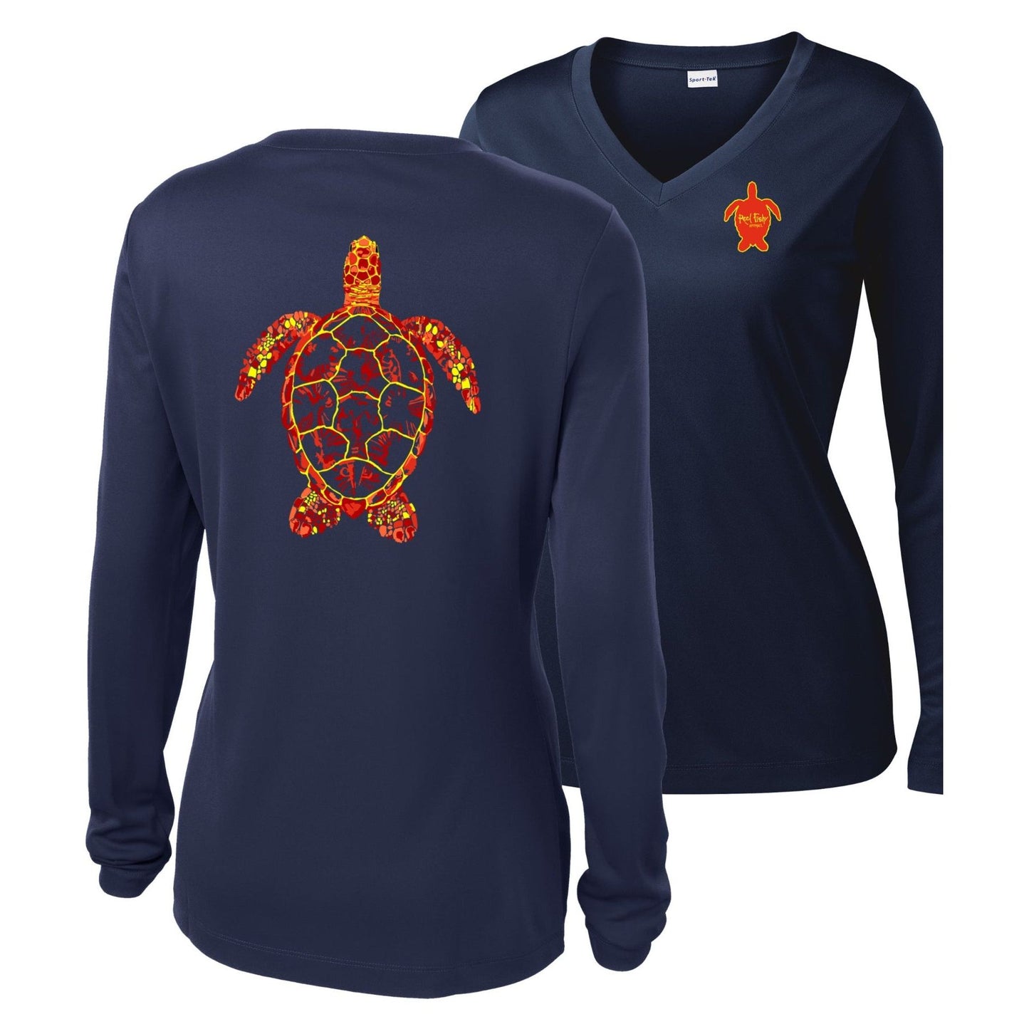 Women’s navy long sleeve performance shirt, V-neck, colorful turtle design on back, and Reel Fishy turtle logo on front