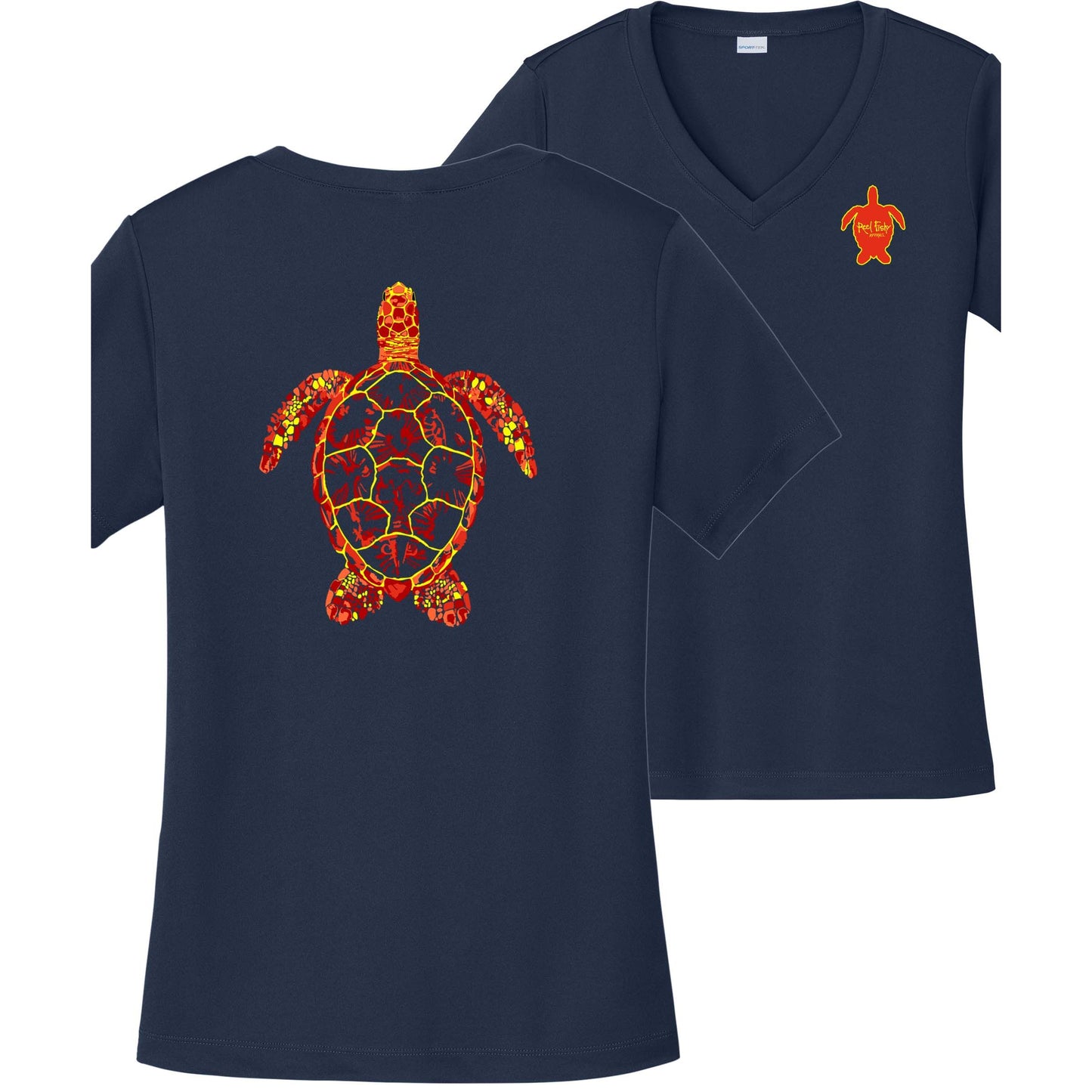 Women’s navy short sleeve performance shirt, V-neck,colorful turtle design on back, and Reel Fishy turtle logo on front
