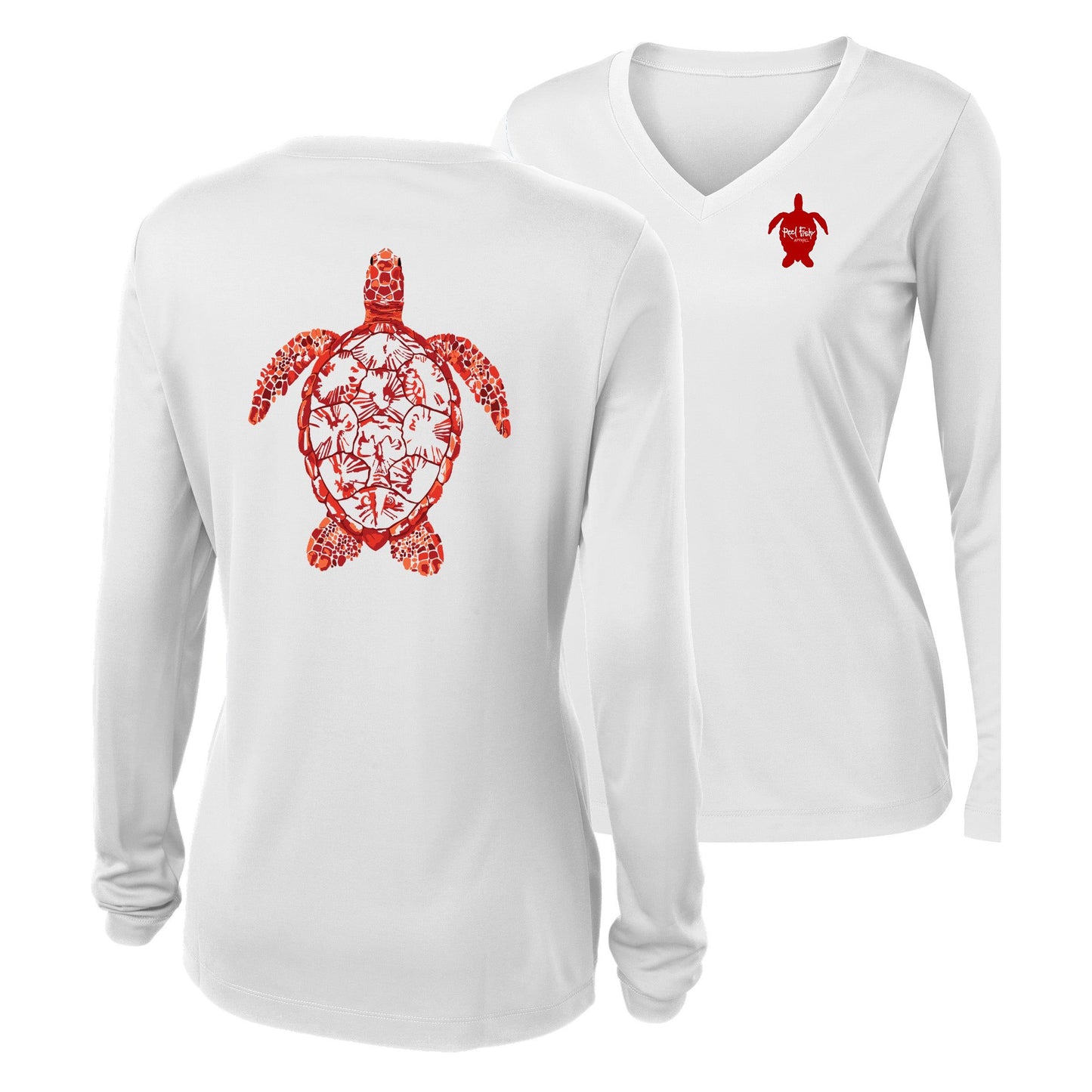 Women’s white long sleeve performance shirt, V-neck, colorful turtle design on back, and Reel Fishy turtle logo on front