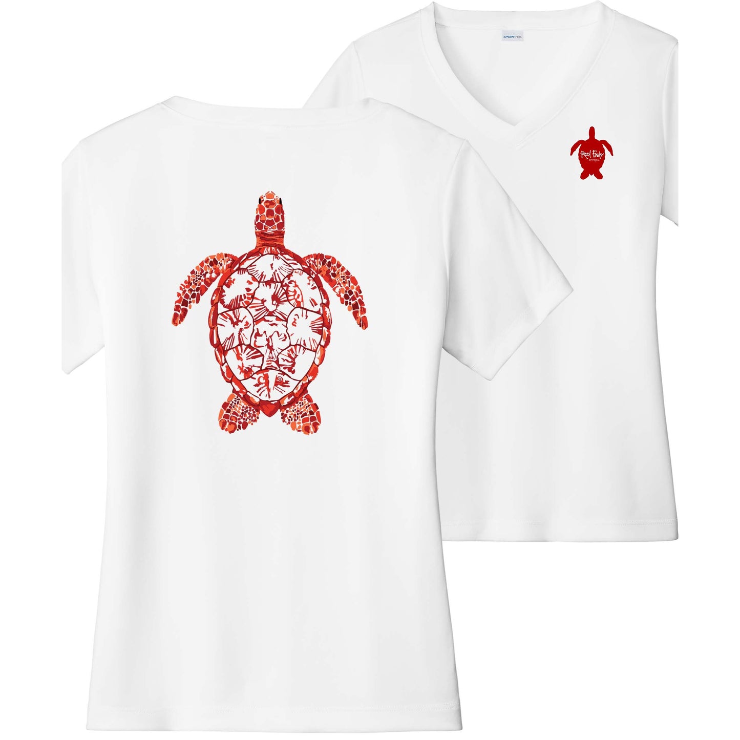 Women’s white short sleeve performance shirt, V-neck, colorful turtle design on back, and Reel Fishy turtle logo on front