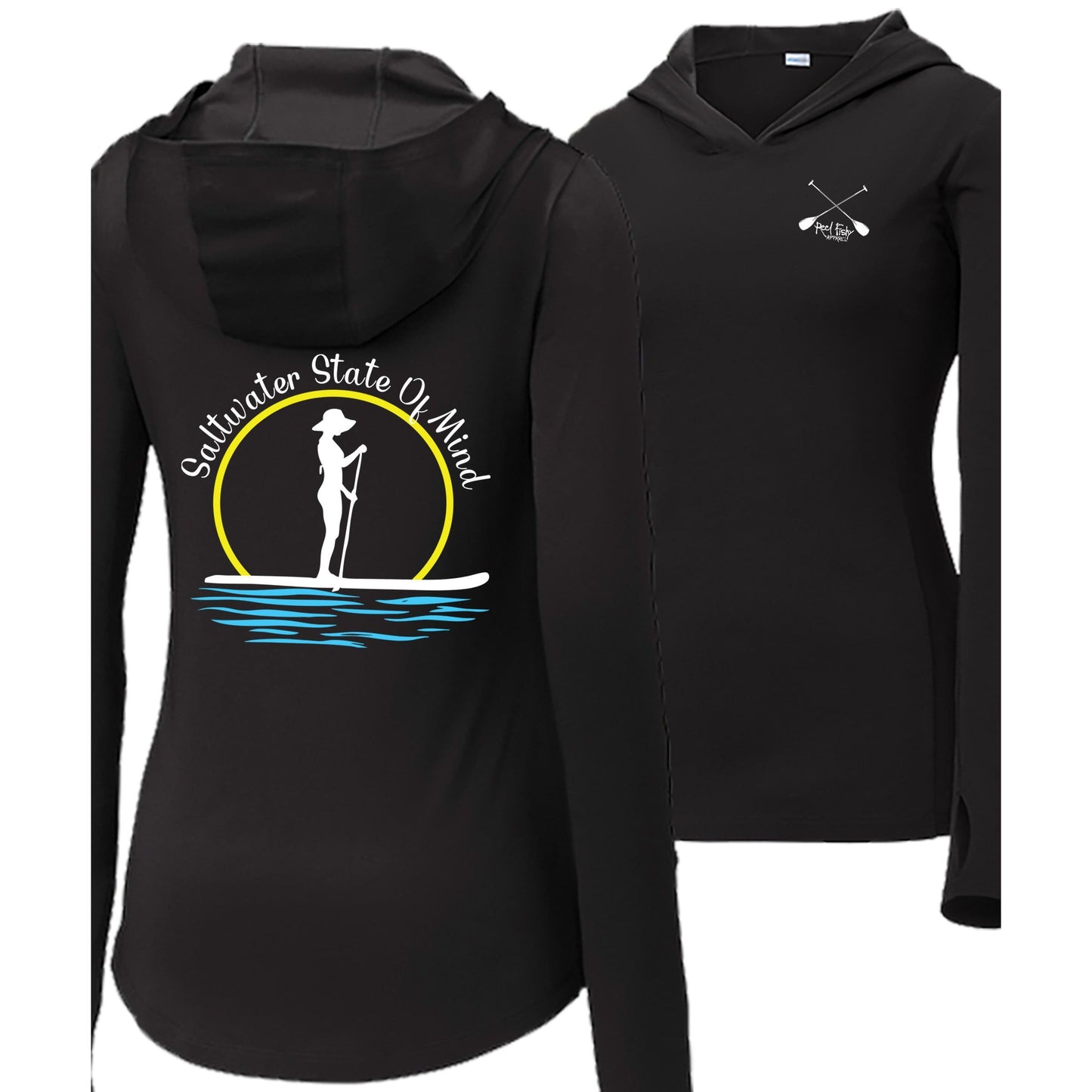 Womens black performance hoodie with Paddleboarder 'Saltwater State of Mind' design