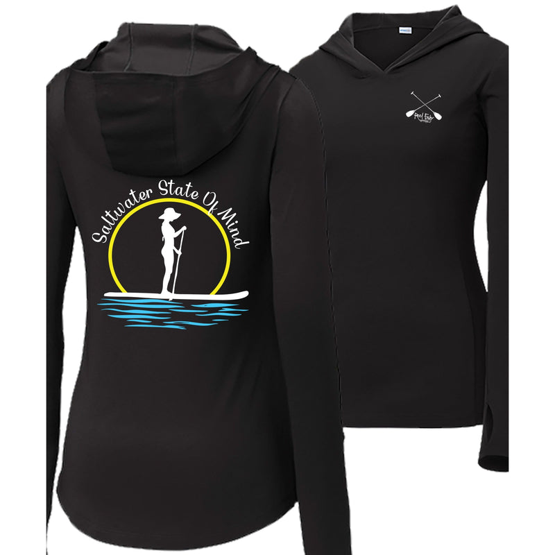 Womens black performance hoodie with Paddleboarder 'Saltwater State of Mind' design