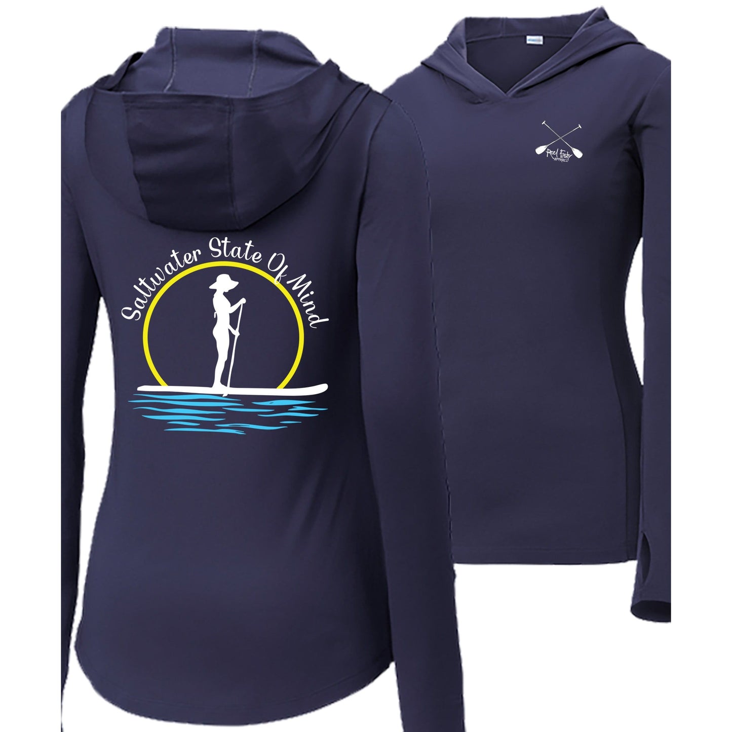 Womens navy performance hoodie with Paddleboarder 'Saltwater State of Mind' design