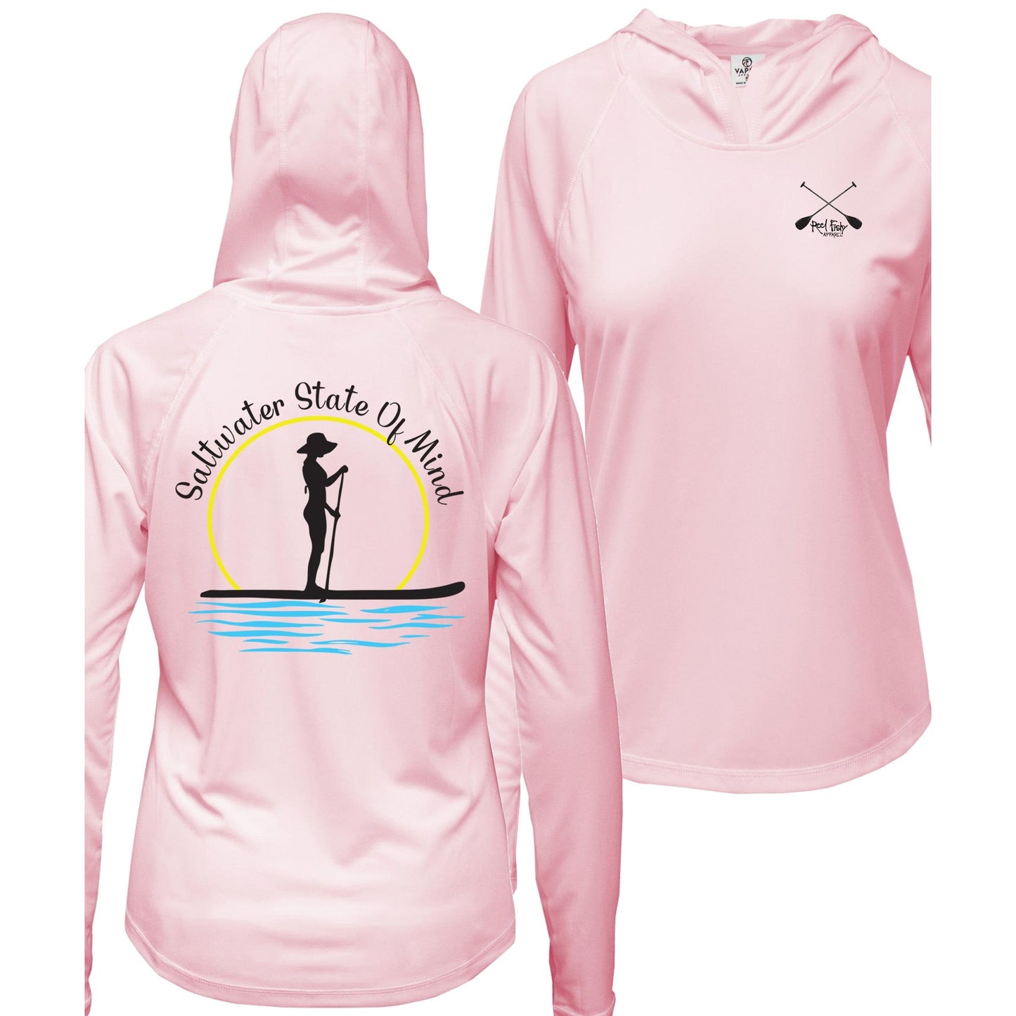 Womens pink performance hoodie with Paddleboarder 'Saltwater State of Mind' design