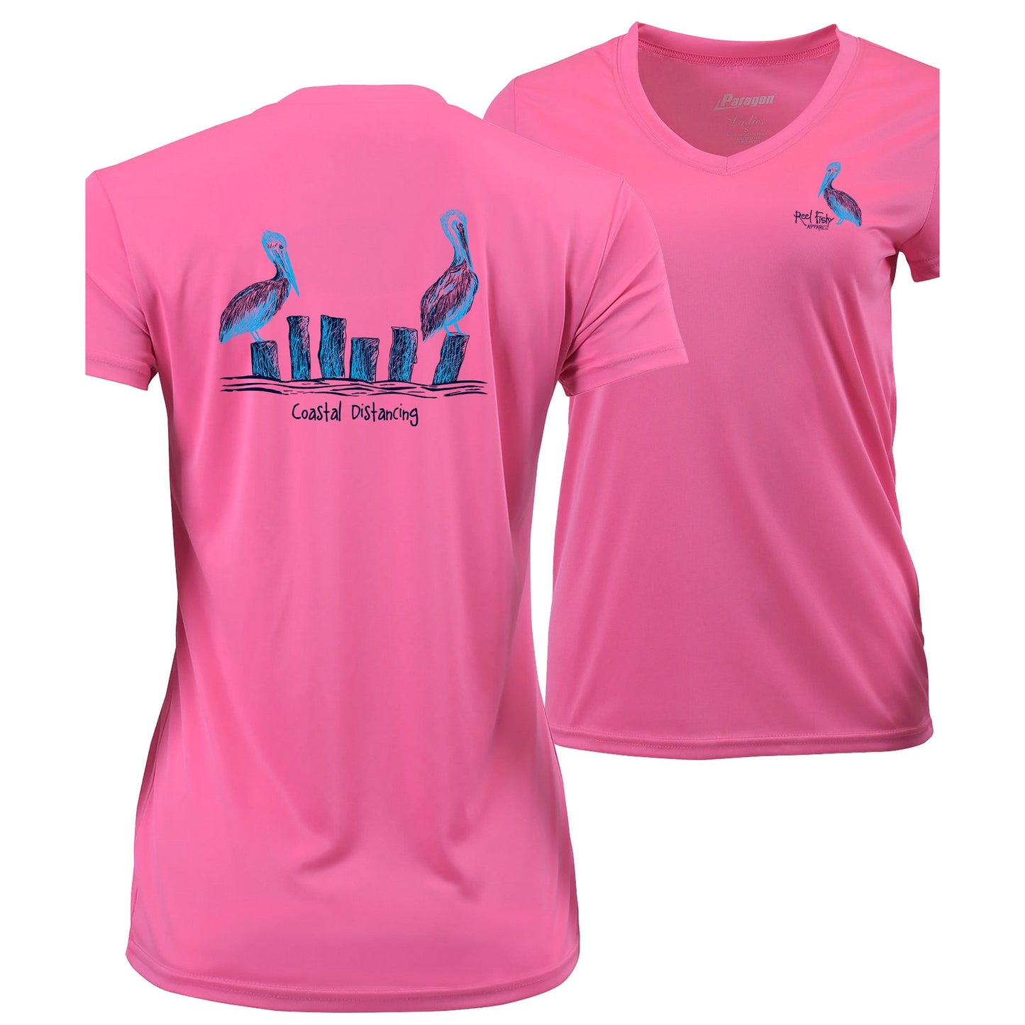 Women’s bright pink short sleeve performance shirt, V-neck, pelicans "coastal distancing" design on back, and Reel Fishy Pelican logo on front
