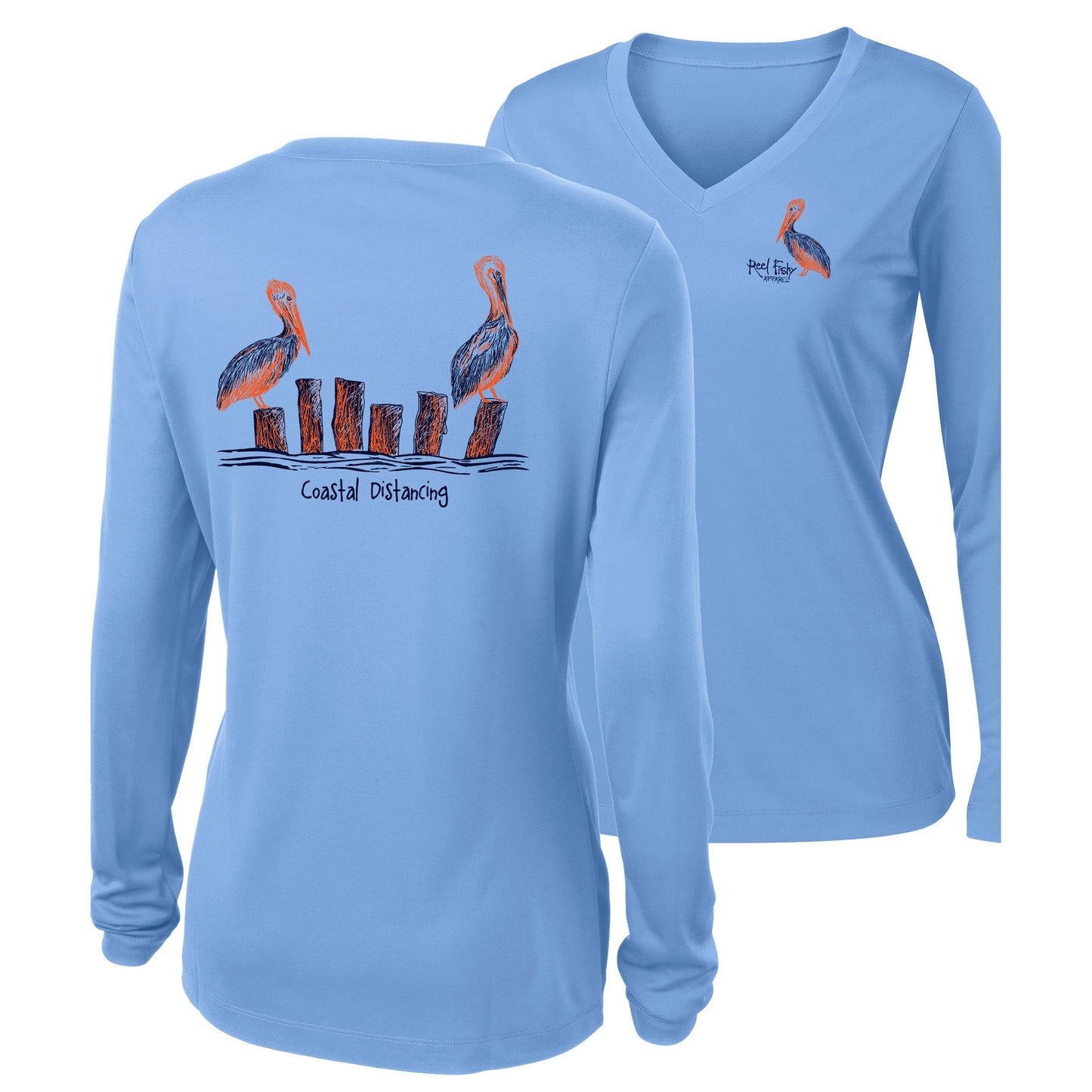 Women’s light blue long sleeve performance shirt, V-neck, pelicans "coastal distancing" design on back, and Reel Fishy Pelican logo on front