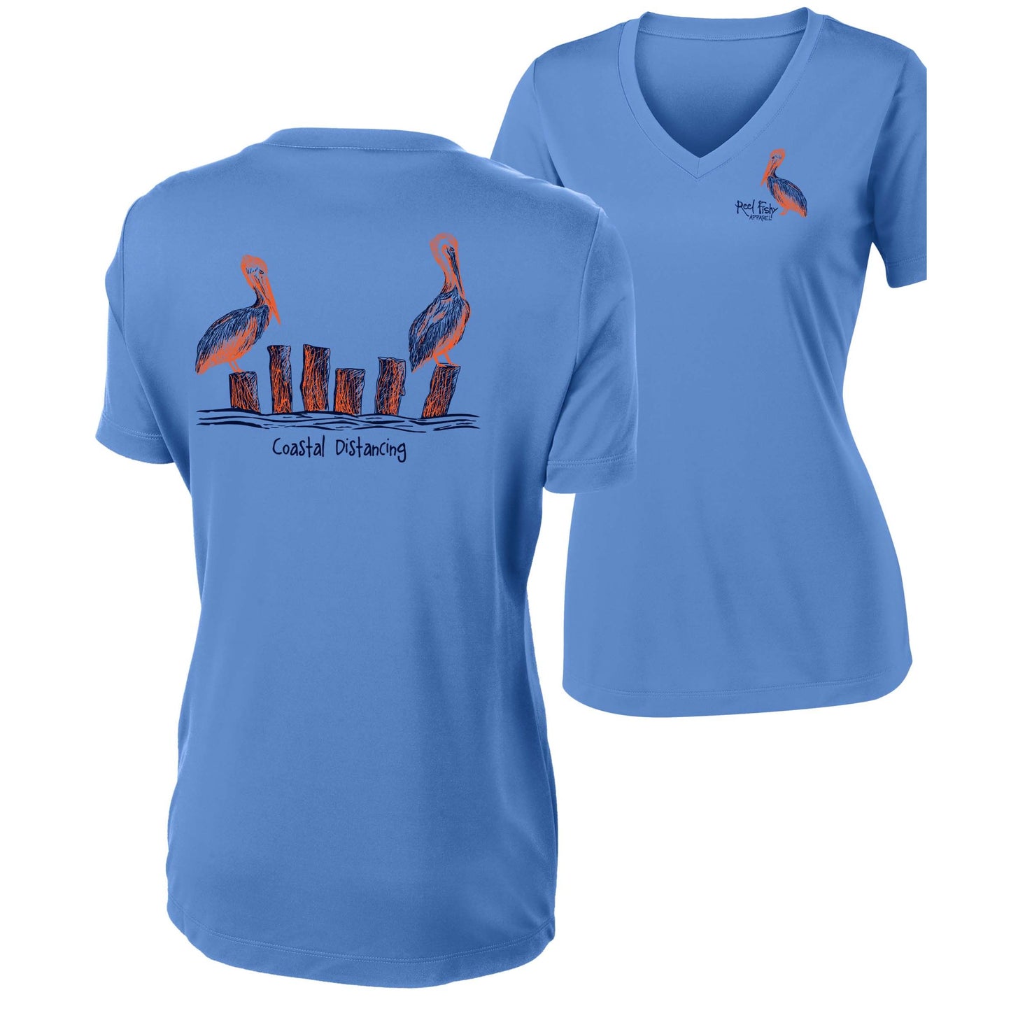 Women’s light blue short sleeve performance shirt, V-neck, pelicans "coastal distancing" design on back, and Reel Fishy Pelican logo on front