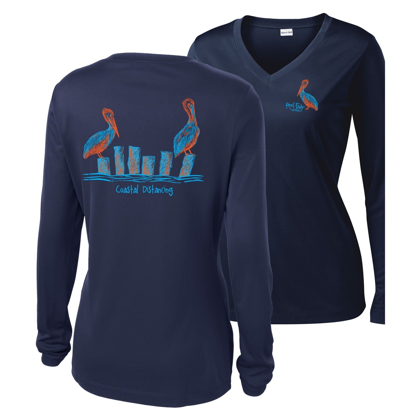 Women’s navy long sleeve performance shirt, V-neck, pelicans "coastal distancing" design on back, and Reel Fishy Pelican logo on front