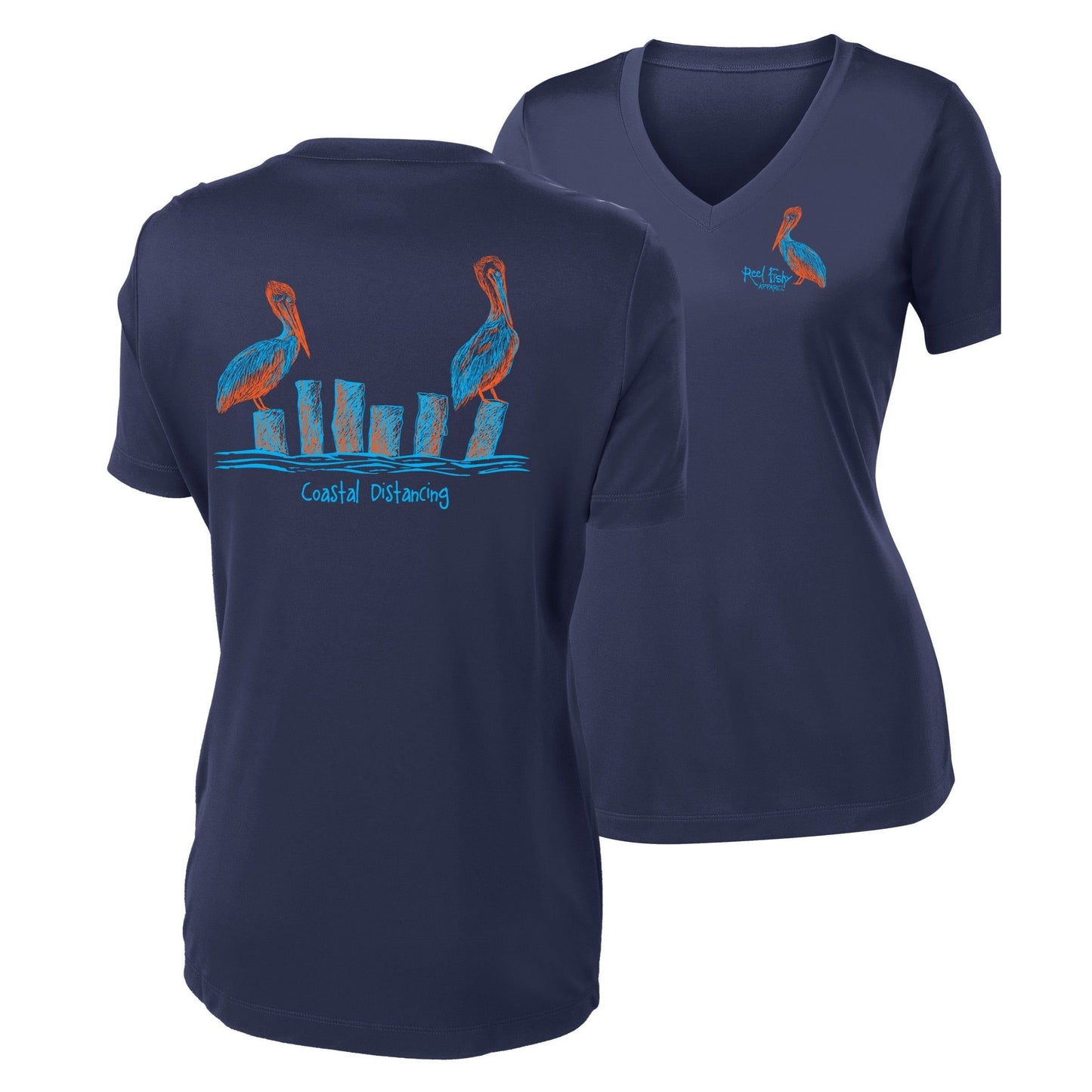 Women’s navy short sleeve performance shirt, V-neck, pelicans "coastal distancing" design on back, and Reel Fishy Pelican logo on front