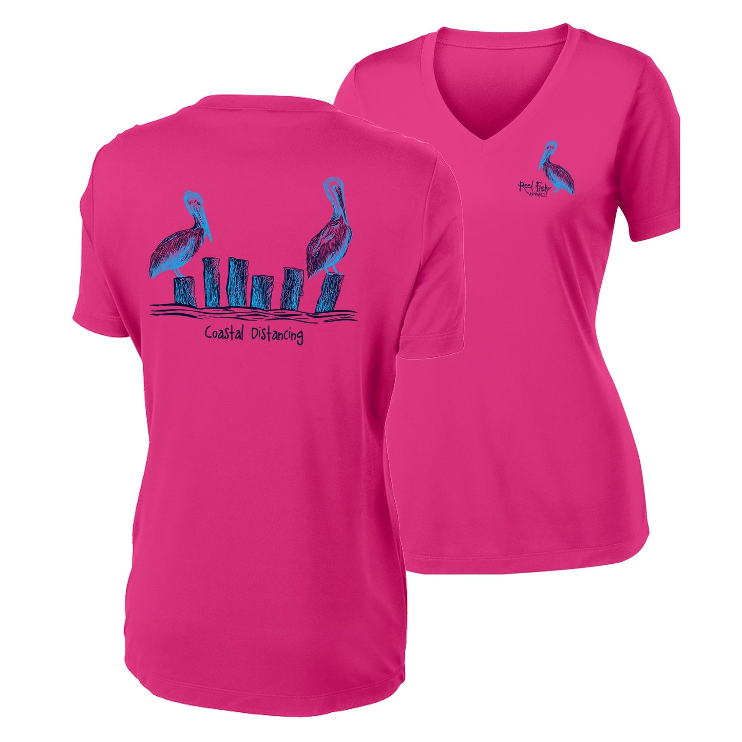 Women’s pink short sleeve performance shirt, V-neck, pelicans "coastal distancing" design on back, and Reel Fishy Pelican logo on front