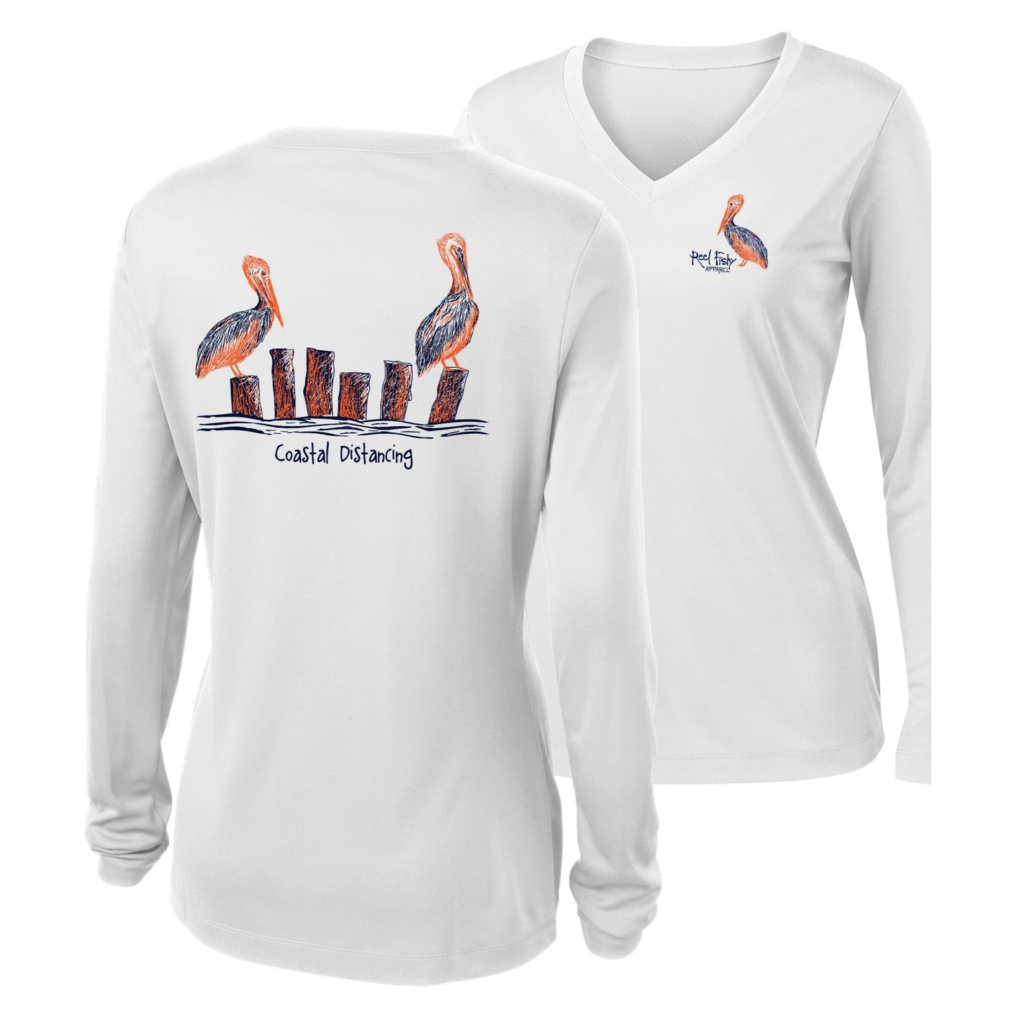 Women’s white long sleeve performance shirt, V-neck, pelicans "coastal distancing" design on back, and Reel Fishy Pelican logo on front
