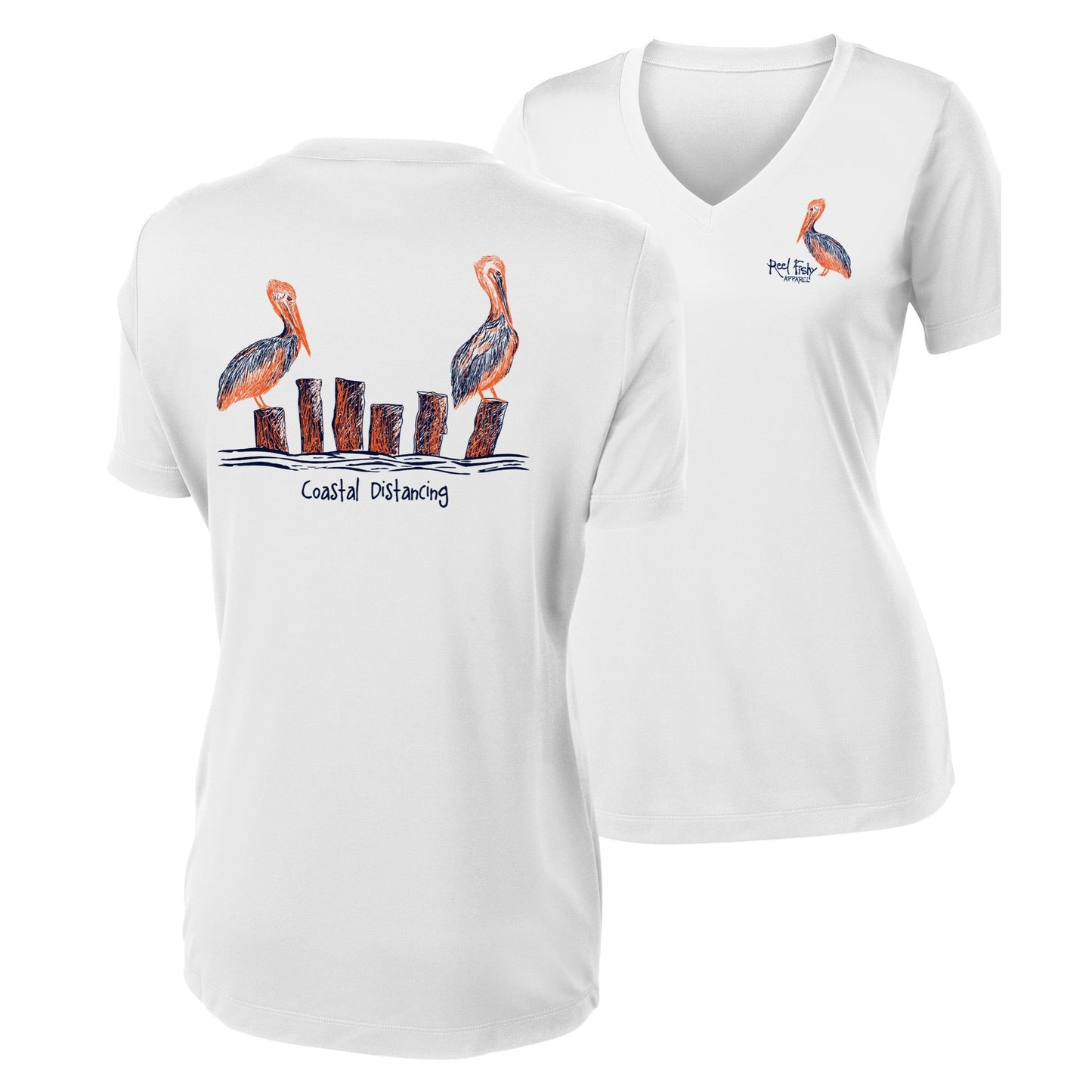 Women’s white short sleeve performance shirt, V-neck, pelicans "coastal distancing" design on back, and Reel Fishy Pelican logo on front