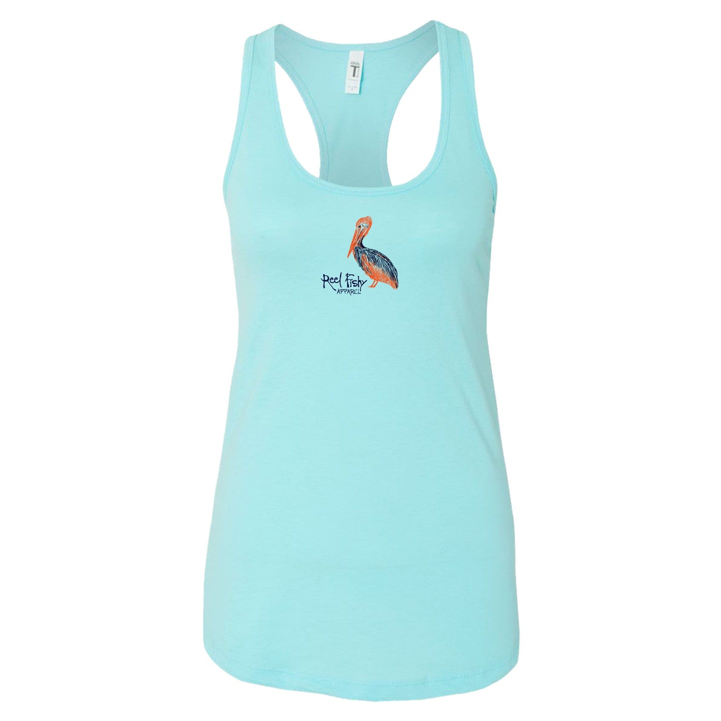 Women’s white racerback tank top with “Coastal Distancing” pelican design, lightweight cotton blend, Reel Fishy logo on front.