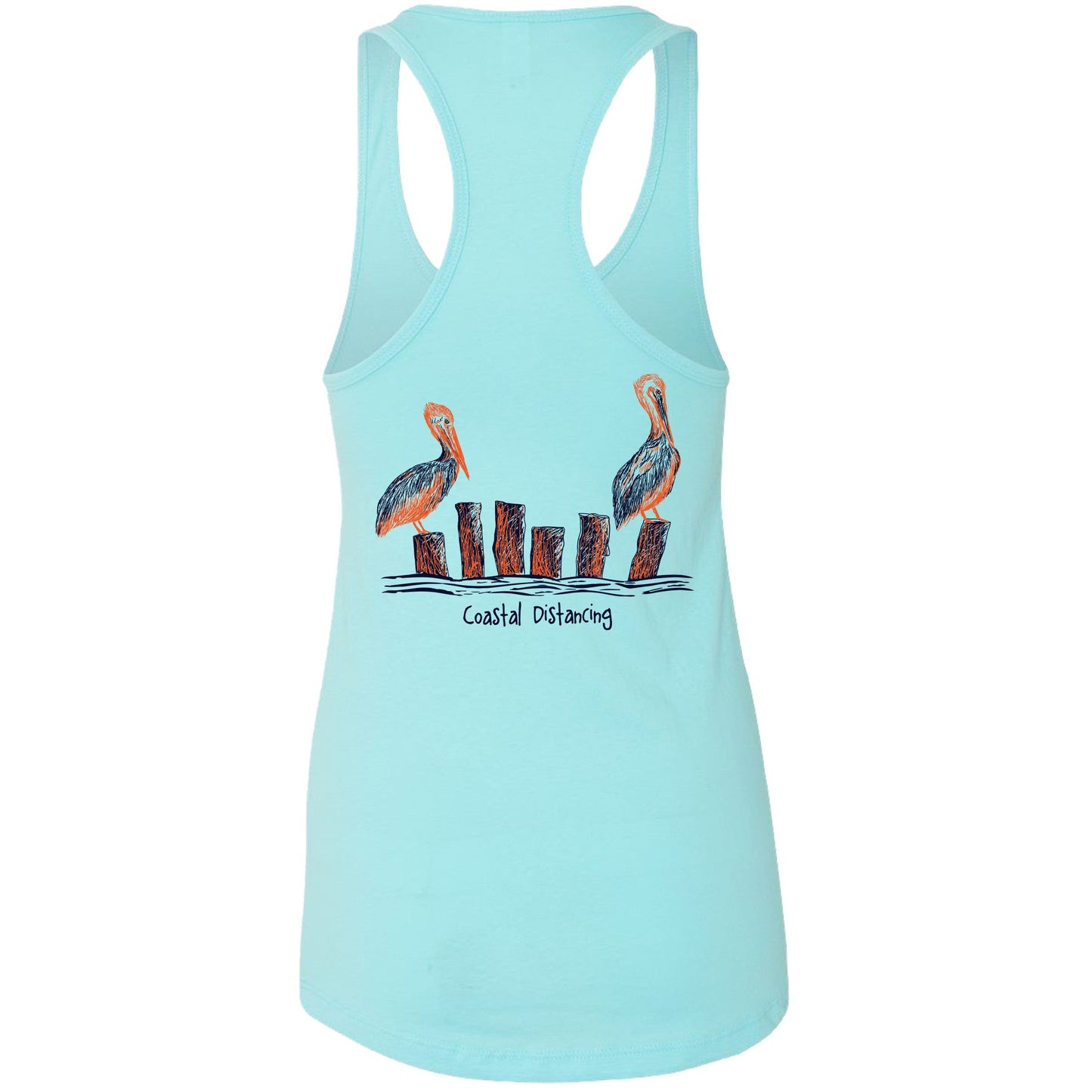 Women’s aqua blue racerback tank top with “Coastal Distancing” pelican design, lightweight cotton blend, Reel Fishy logo on front.