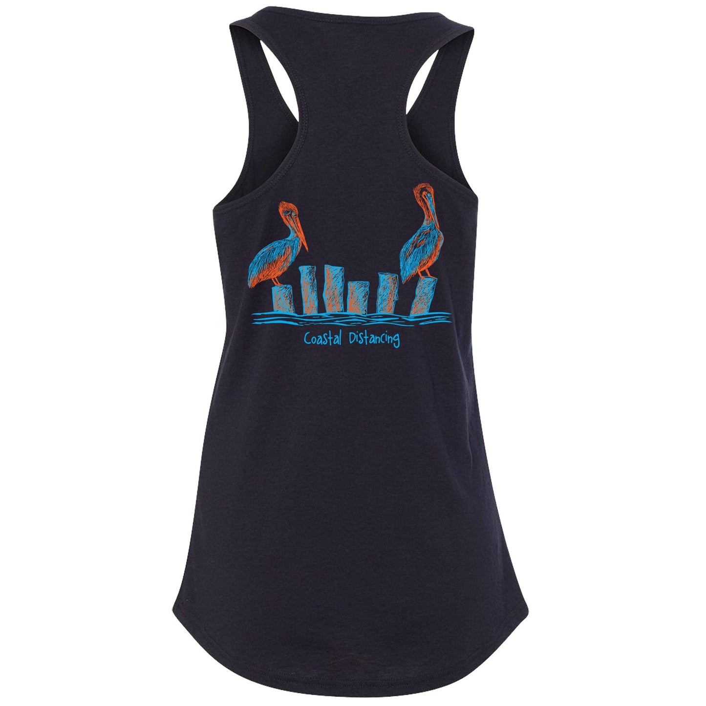 Women’s navy blue racerback tank top with “Coastal Distancing” pelican design, lightweight cotton blend, Reel Fishy logo on front.
