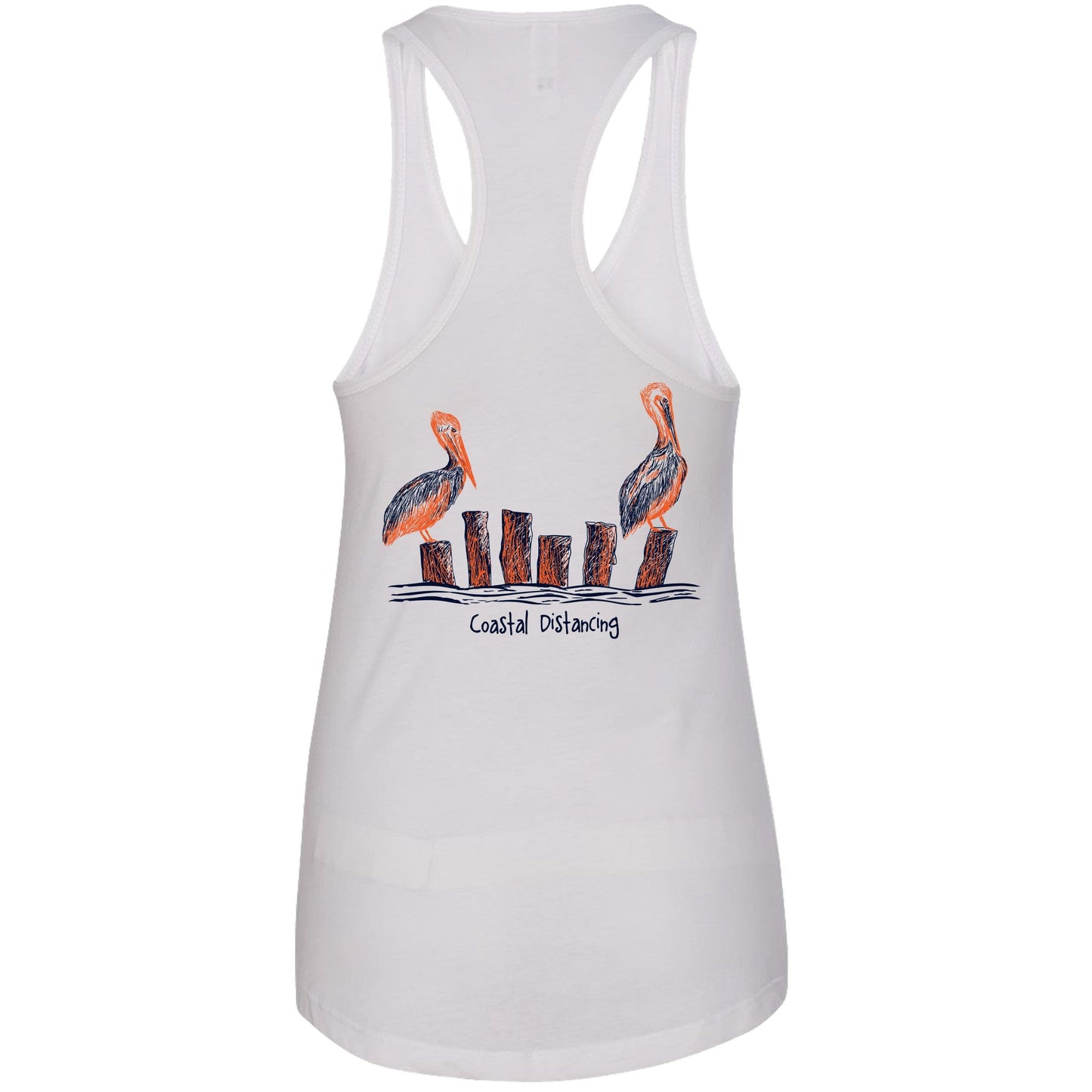 Women’s white racerback tank top with “Coastal Distancing” pelican design, lightweight cotton blend, Reel Fishy logo on front.