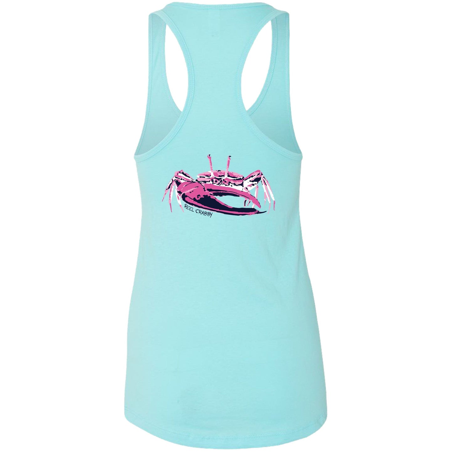Women's aqua blue racerback tank top with fiddler crab design on the back, Reel Fishy fiddler crab logo on front.