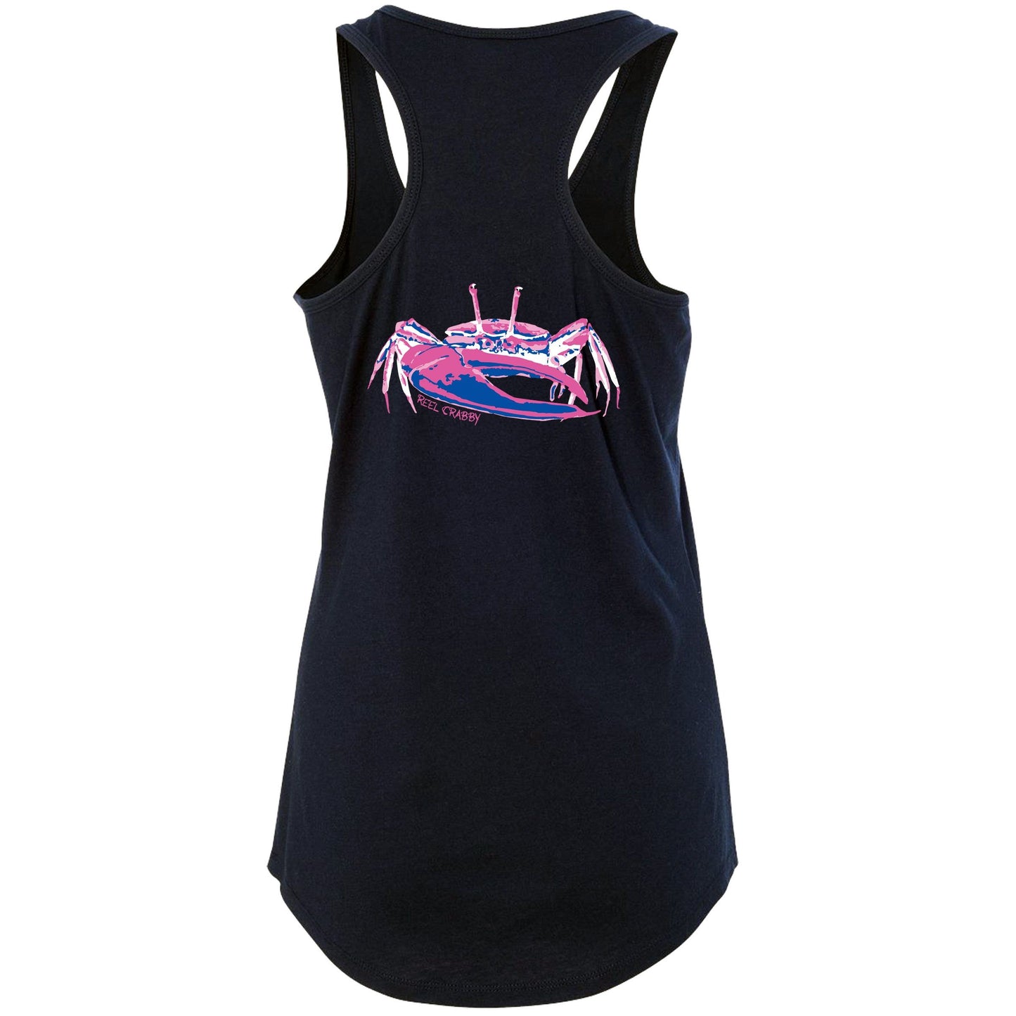 Women's navy racerback tank top with fiddler crab design on the back, Reel Fishy fiddler crab logo on front