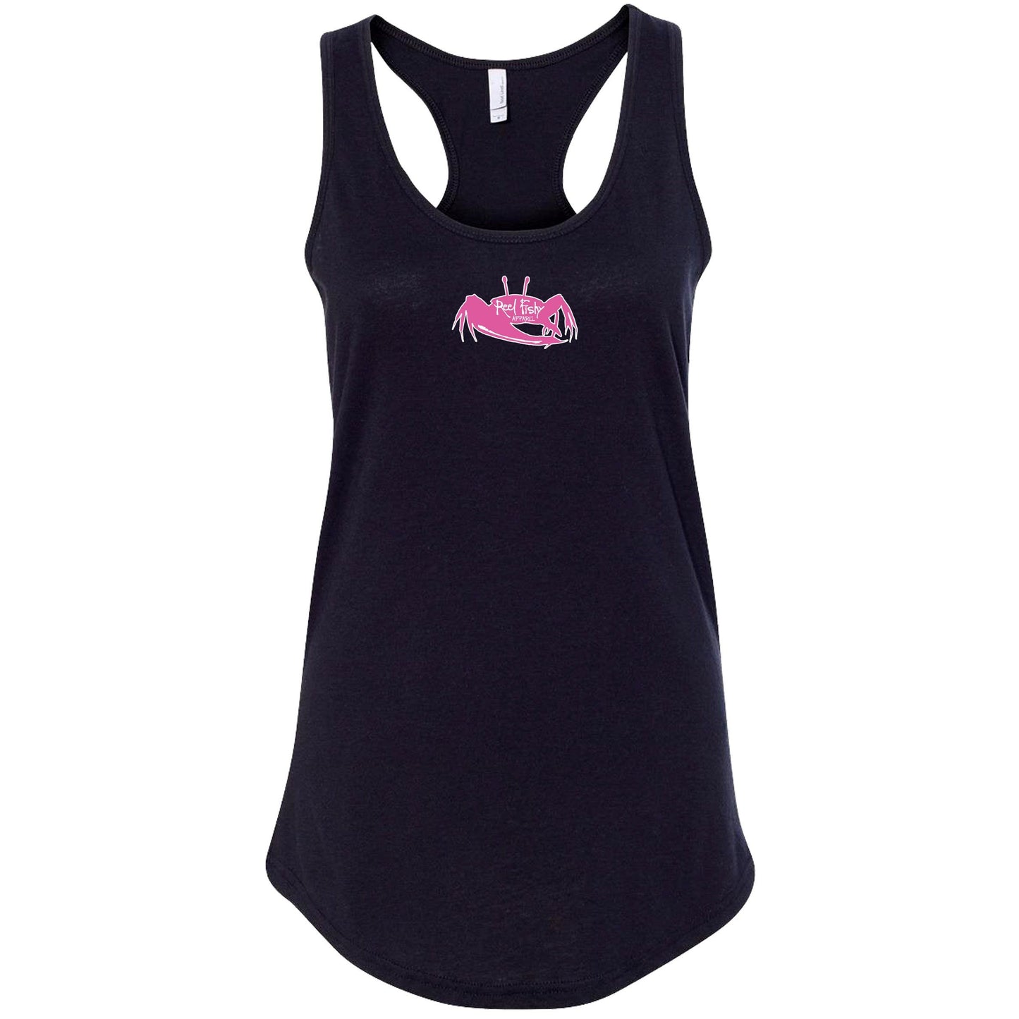 Women's navy racerback tank top with fiddler crab design on the back, Reel Fishy fiddler crab logo on front