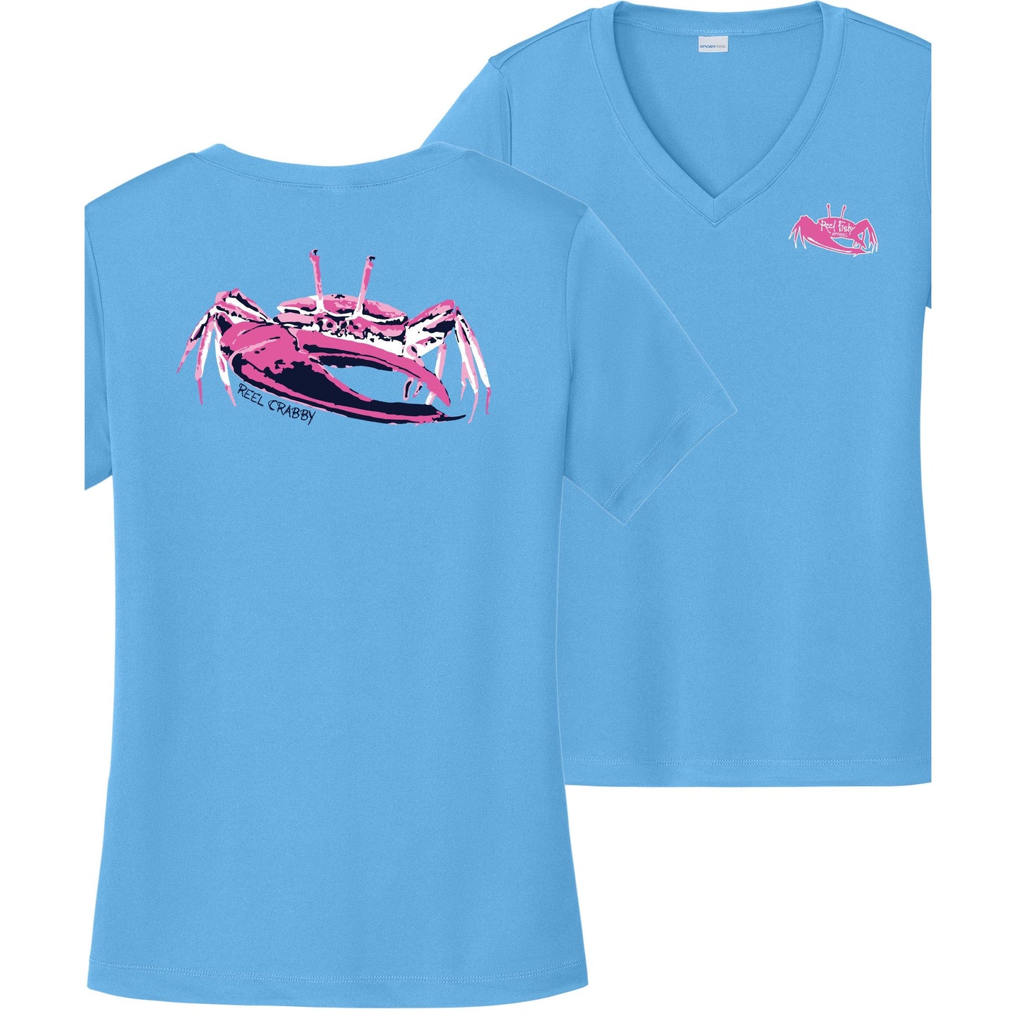 Women’s light blue short sleeve performance sun shirt, V-neck, fiddler crab design on back, and Reel Fishy fiddler crab logo on front