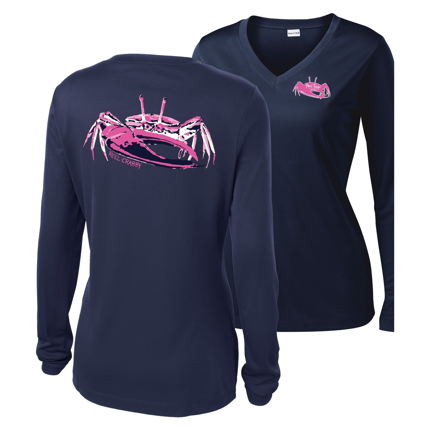 Women’s navy long sleeve performance sun shirt, V-neck, fiddler crab design on back, and Reel Fishy fiddler crab logo on front