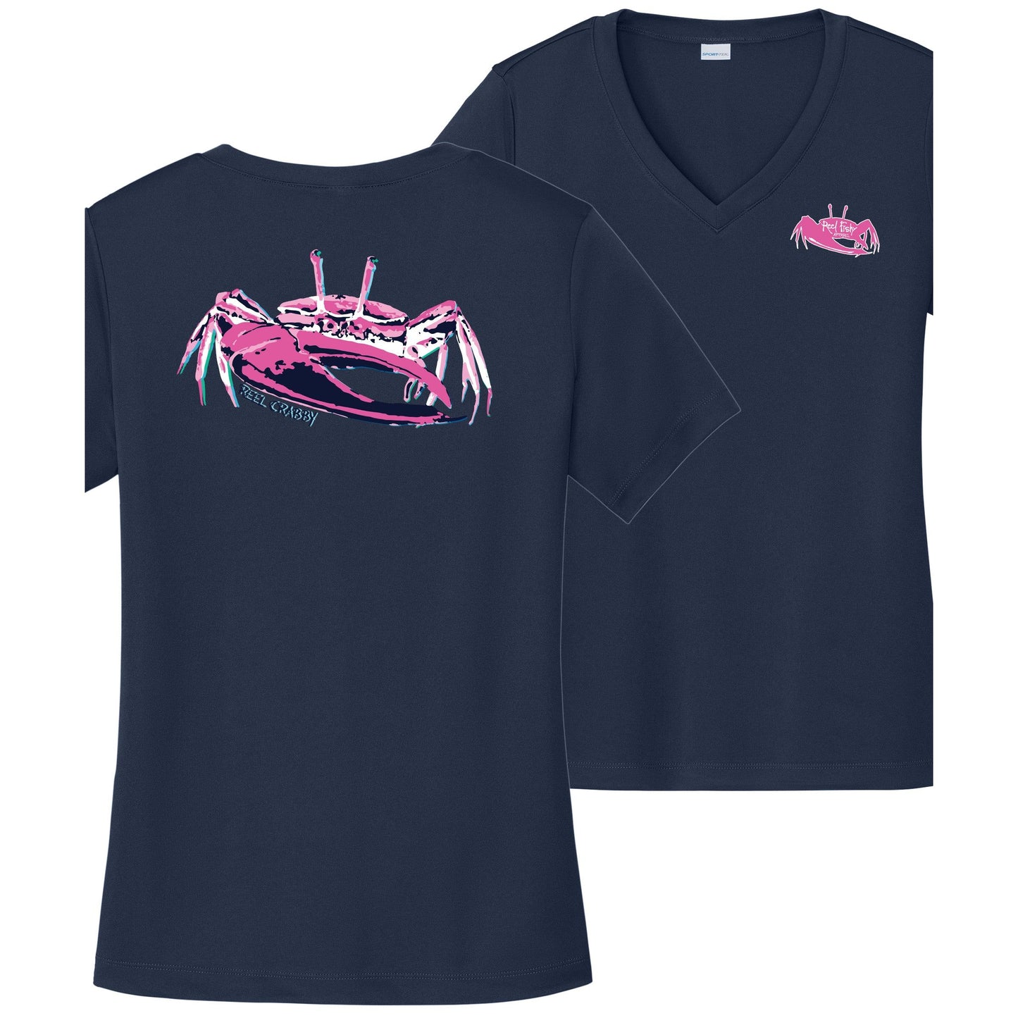 Women’s navy short sleeve performance sun shirt, V-neck, fiddler crab design on back, and Reel Fishy fiddler crab logo on front