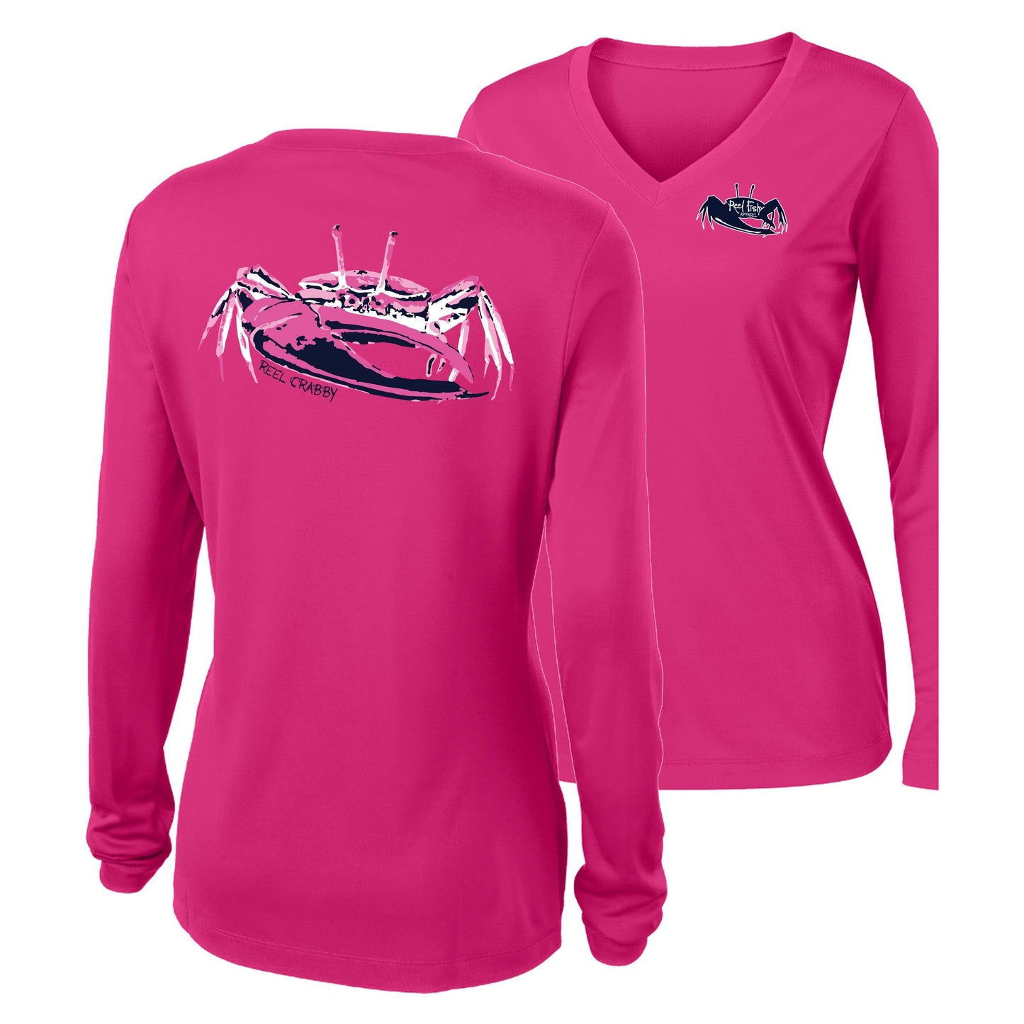 Women’s pink long sleeve performance sun shirt, V-neck, fiddler crab design on back, and Reel Fishy fiddler crab logo on front