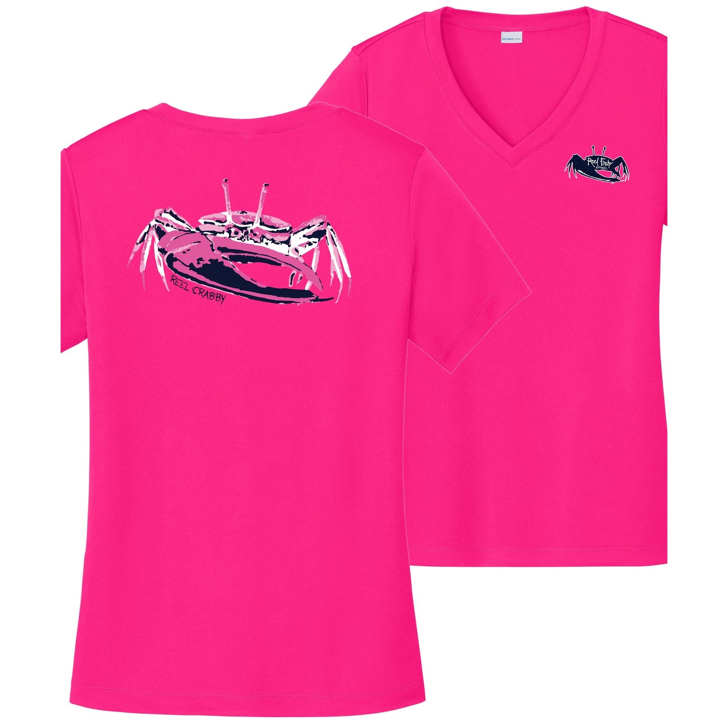 Women’s pink short sleeve performance sun shirt, V-neck, fiddler crab design on back, and Reel Fishy fiddler crab logo on front