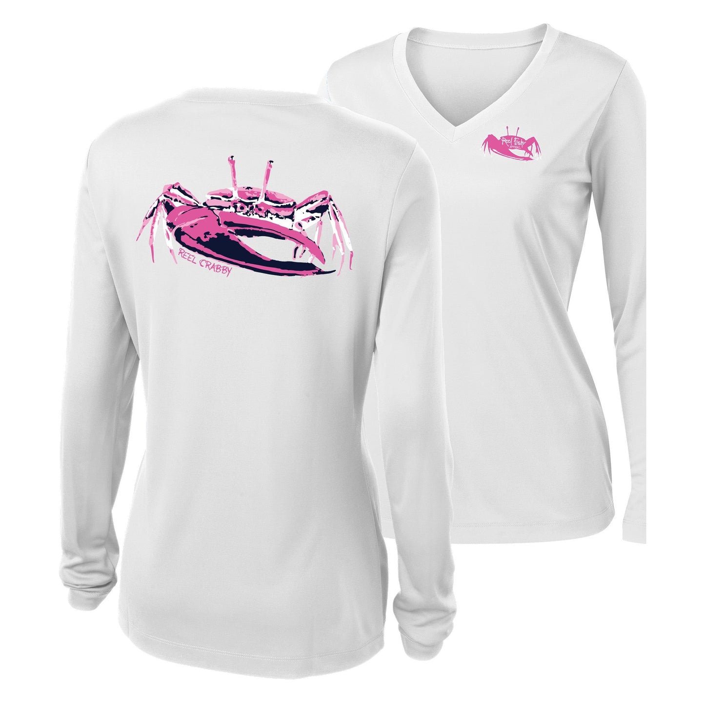 Women’s white long sleeve performance sun shirt, V-neck, fiddler crab design on back, and Reel Fishy fiddler crab logo on front