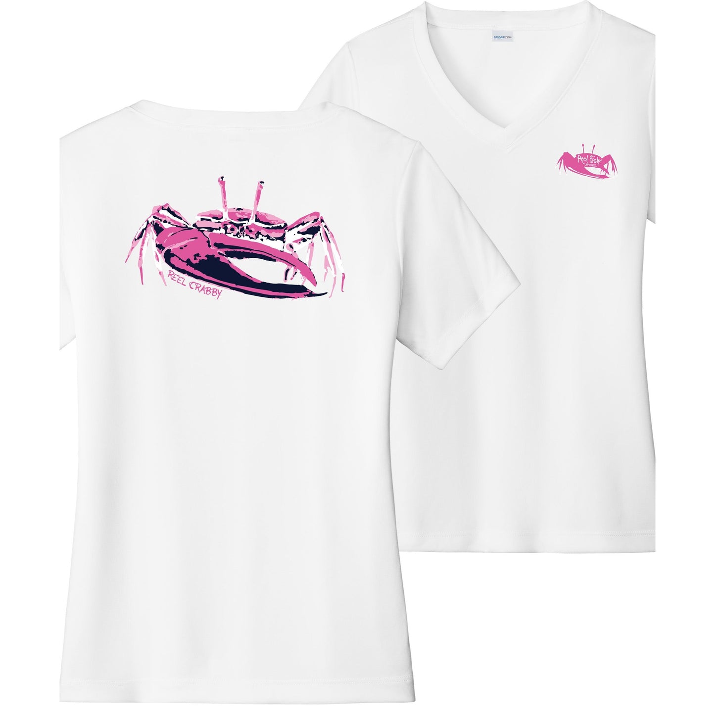 Women’s white short sleeve performance sun shirt, V-neck, fiddler crab design on back, and Reel Fishy fiddler crab logo on front